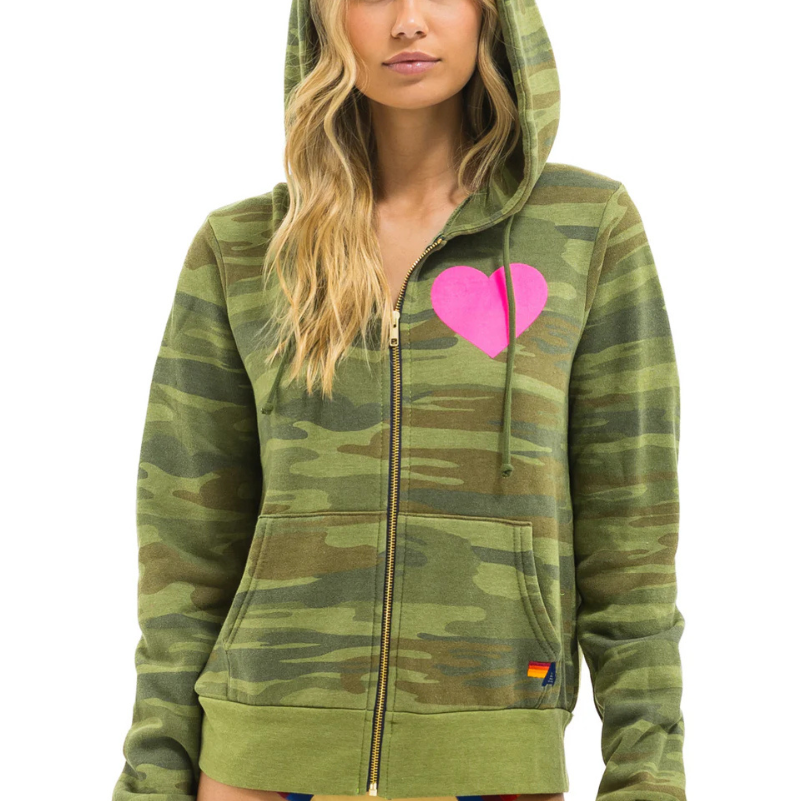 Aviator Nation Women Heart 2 Zip Hoodie Camo/Neon Pink Womens Casual Tops Aviator Nation Camo Juniors/Women XS