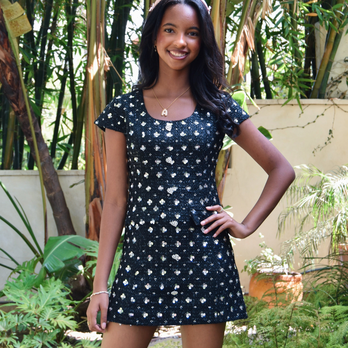 Theme Girls Zoe Cap Sleeve Boucle With Flowers Girls Special Dresses Theme-NYC Black Y/S (7/8)