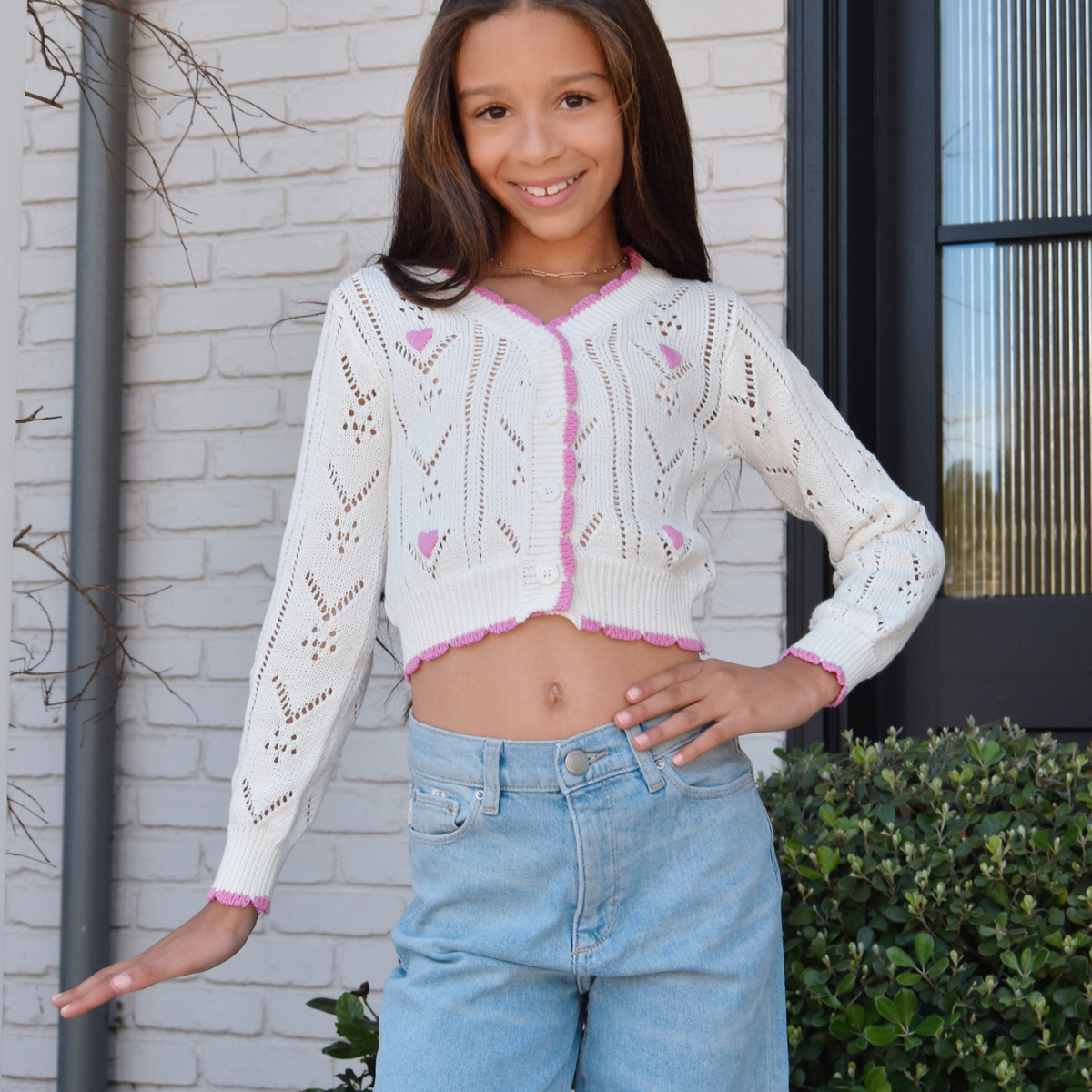 Girls Teen & Pre Teen FBZ Lucie Crochet Pink Heart Cardigan