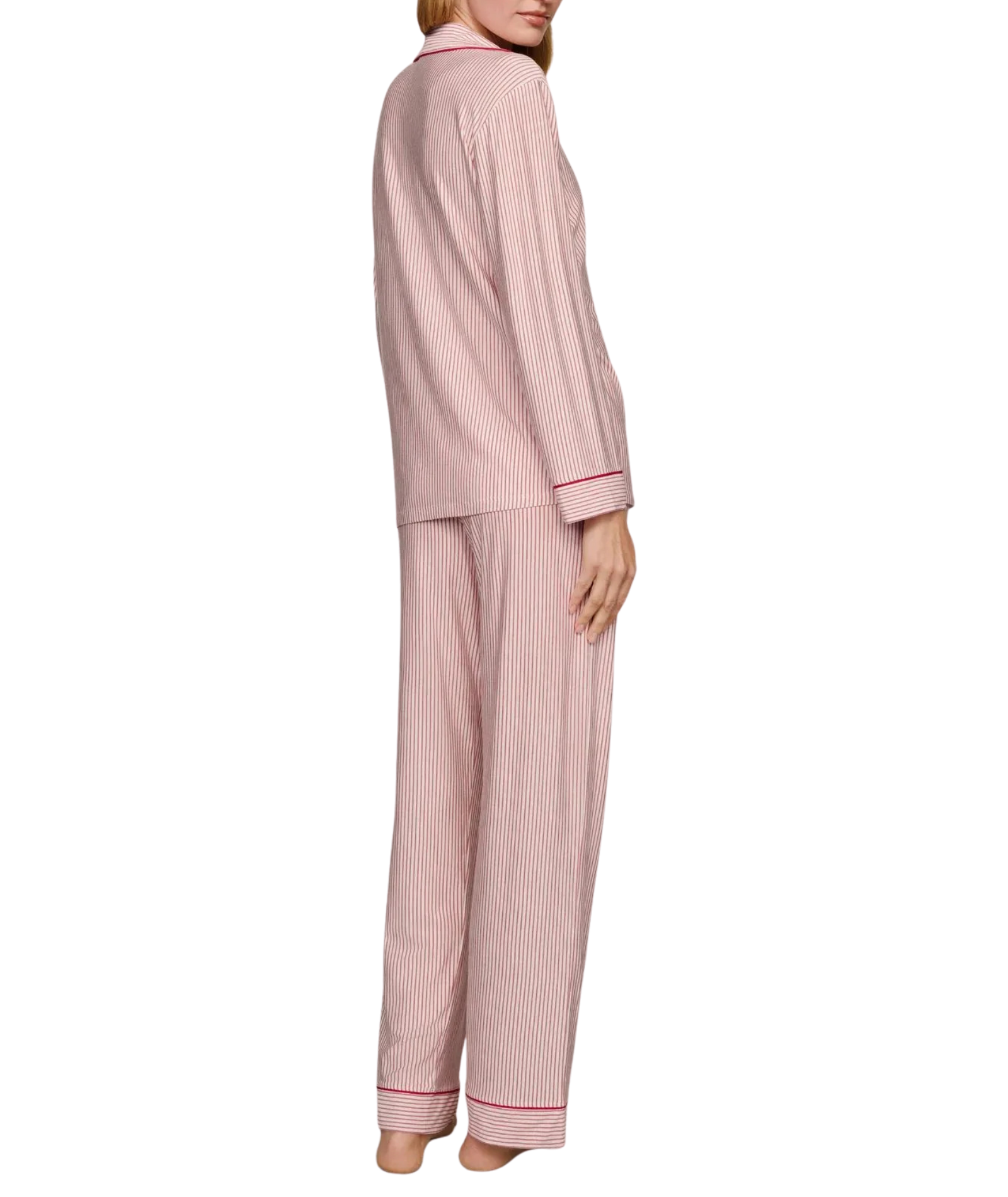 Eberjey Women Gisele Printed Long PJ Set Duo Stripe Holly Red With Ribbon Accessories Eberjey