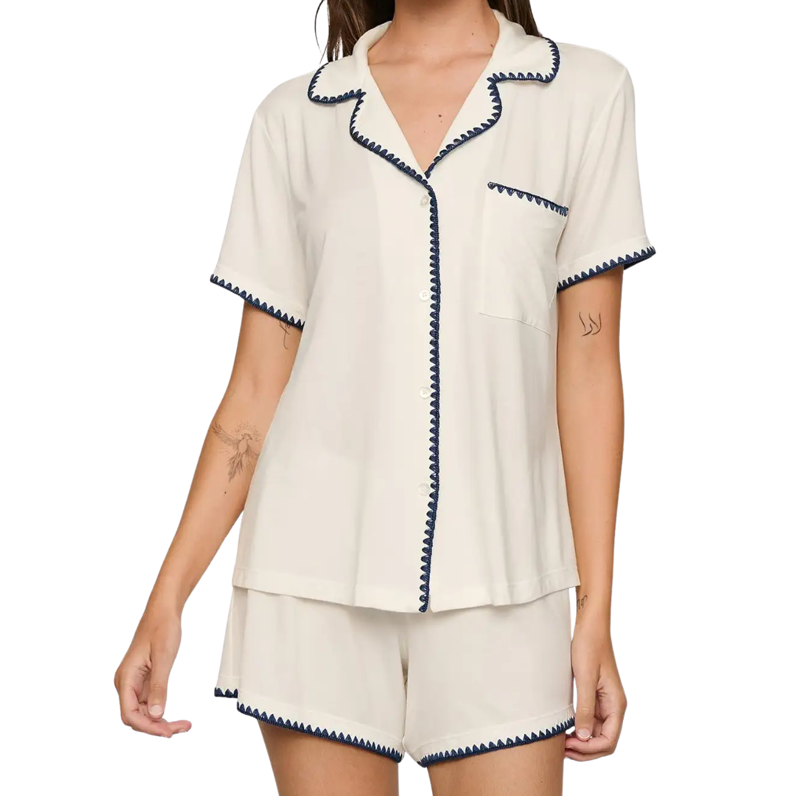 Eberjey Women Frida Whip Stitch Short PJ Set Ivory/Navy Accessories Eberjey Ivory Juniors/Women XS