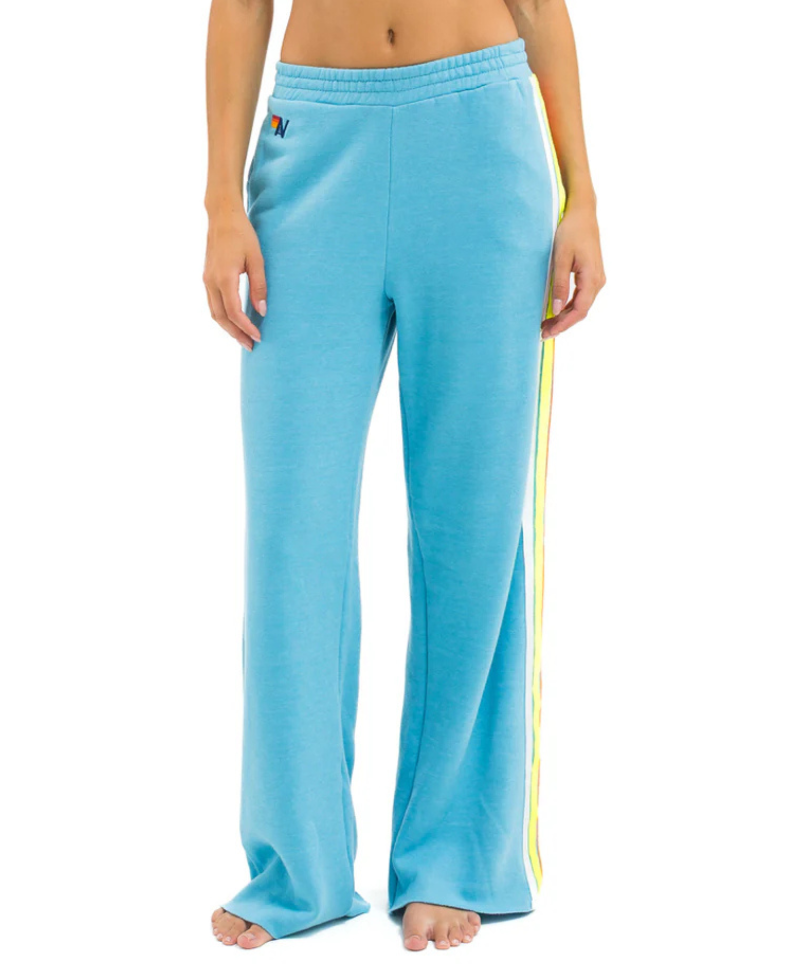 Aviator Nation Women Wide Leg 5 Stripe Pocket Sweatpants Aquamarine/White Neon Womens Casual Bottoms Aviator Nation
