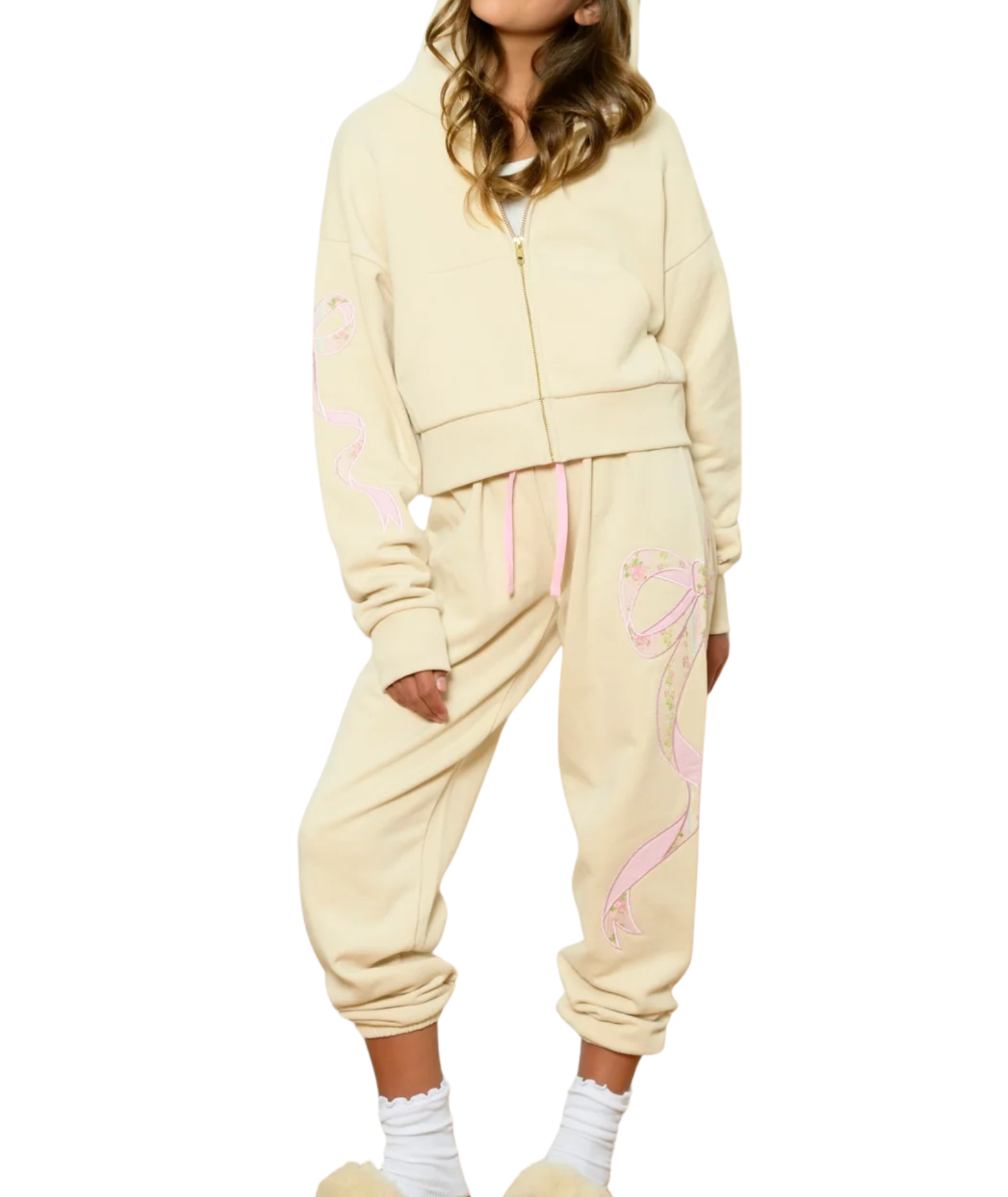 Katie J NYC Girls Dylan Taupe Shabby Floral Bow Sweatpants Girls Casual Bottoms Katie J NYC Taupe Y/S (7/8)