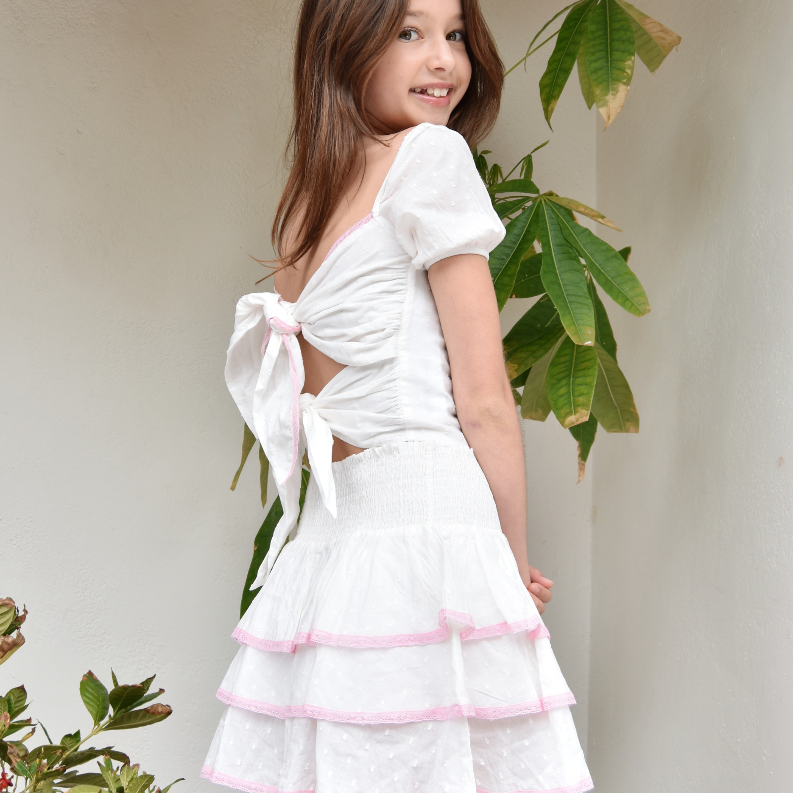 Theme Girls Noa White/Pink Lace Tie Back Top Distressed/seasonal girls Theme-NYC White Y/S (7/8)
