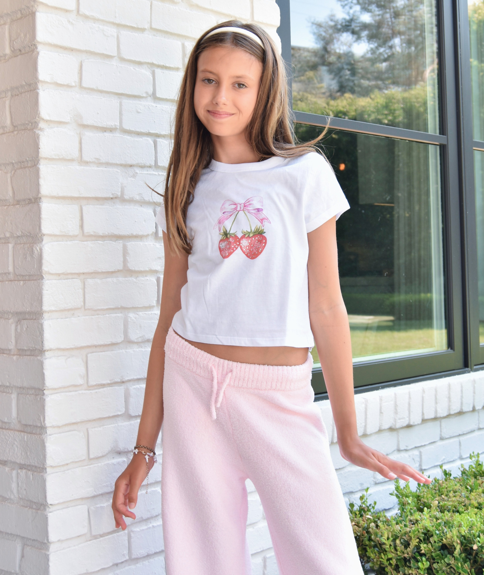 Katie J NYC Girls Strawberry Bow Boxy Baby Tee Girls Casual Tops Katie J NYC White Y/S (7/8)