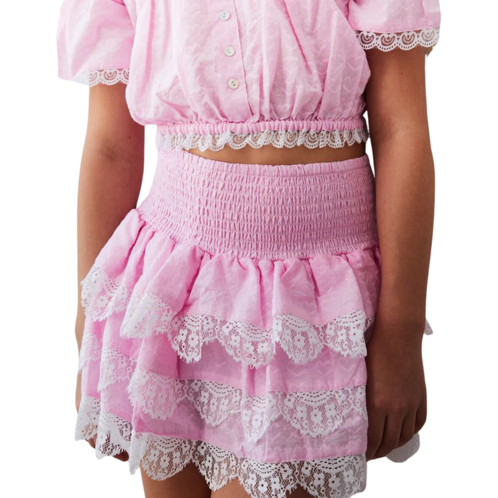 Theme Girls Gemma Pastel Pink Heart Pointelle Ruffle Mini Skirt