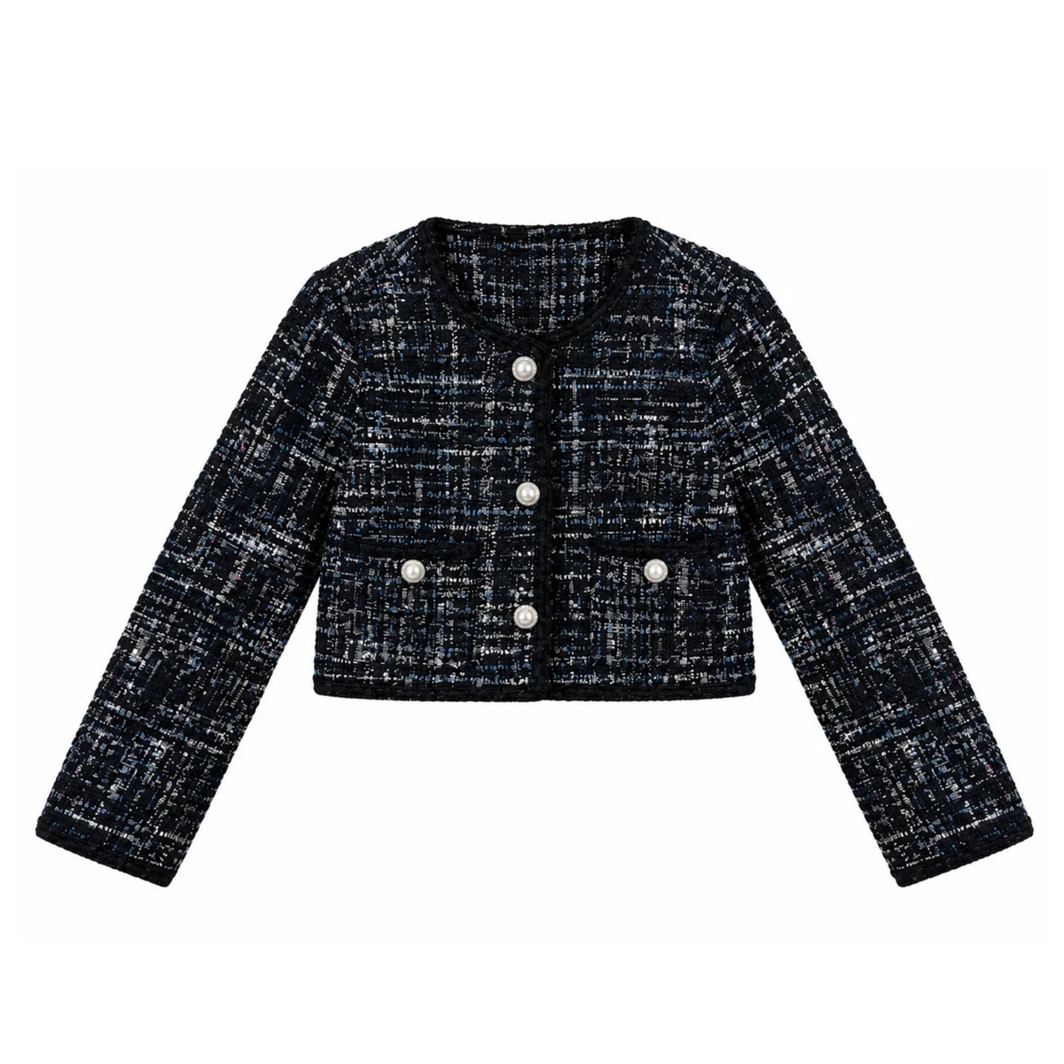 Katie J NYC Girls Hattie Evening Blue Multi Boucle Jacket Girls Special Tops Katie J NYC Evening Blue Y/S (7/8)