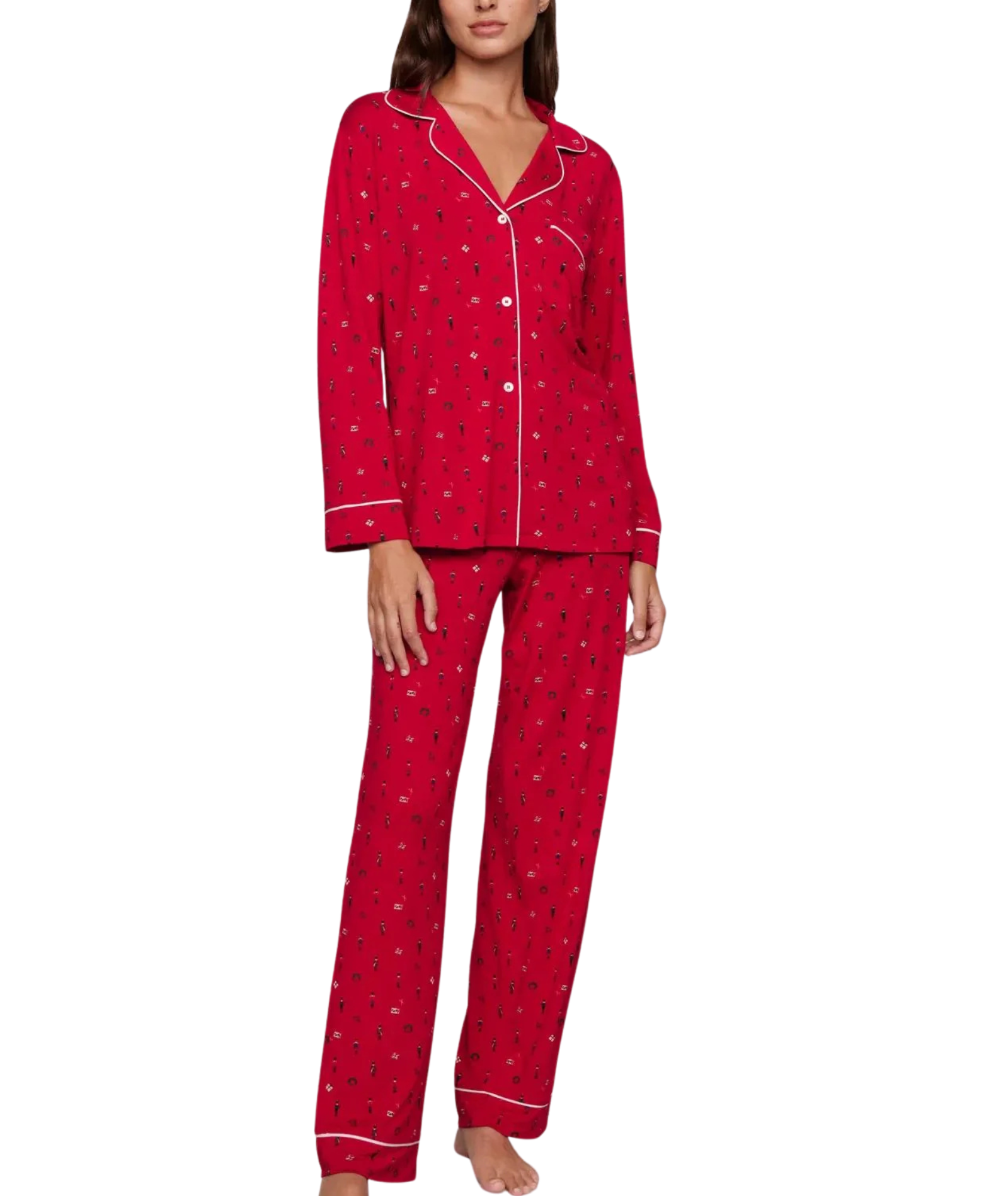 Eberjey Women Gisele Printed Long PJ Set Nutcracker Holly Red/Ivory With Ribbon Accessories Eberjey