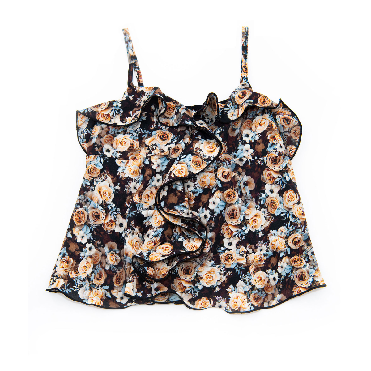 FBZ Girls Josie Black/Cream Floral Rose Ruffle Cami Girls Casual Tops FBZ Flowers By Zoe Floral Y/S (7/8)