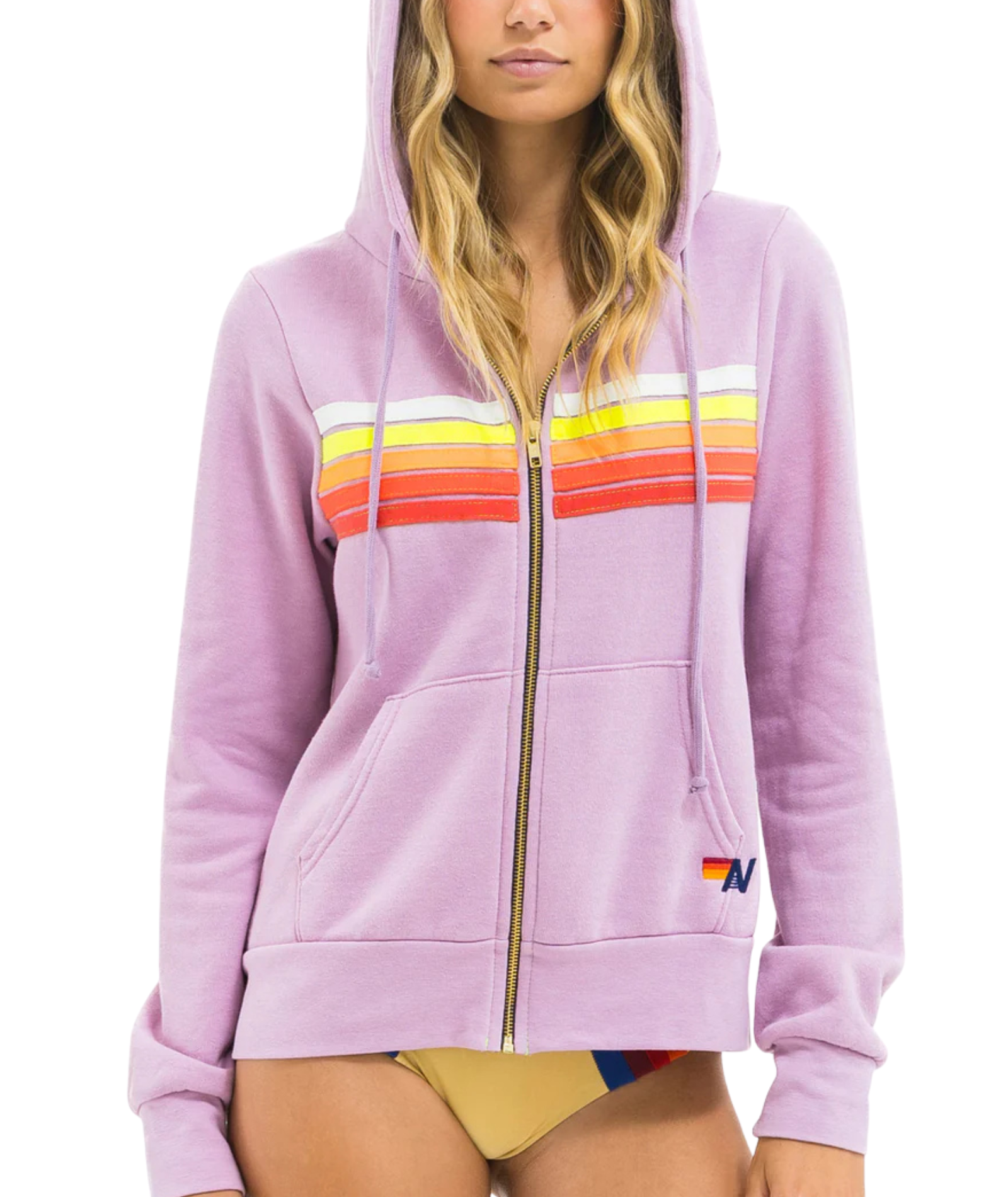 Aviator Nation Women 5 Stripe Zip Hoodie Mauve/White Neon Womens Casual Tops Aviator Nation