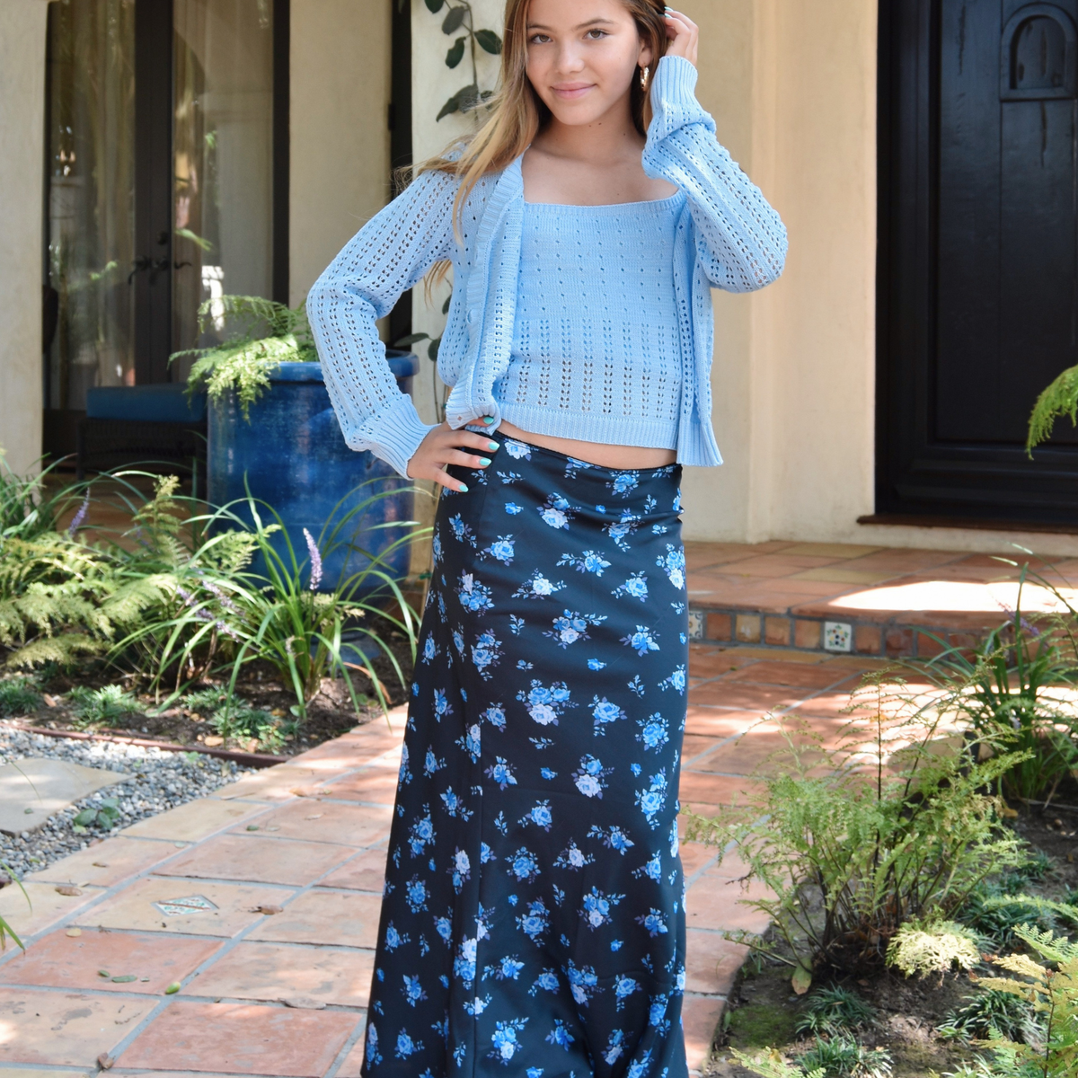 FBZ Girls Everley Blue Floral Sateen Maxi Skirt Girls Casual Bottoms FBZ Flowers By Zoe Floral Y/S (7/8)