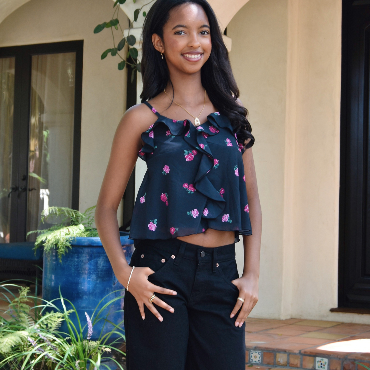 FBZ Girls Avalon Chiffon Black/Pink Floral Ruffle Cami Girls Casual Tops FBZ Flowers By Zoe Floral Y/S (7/8)