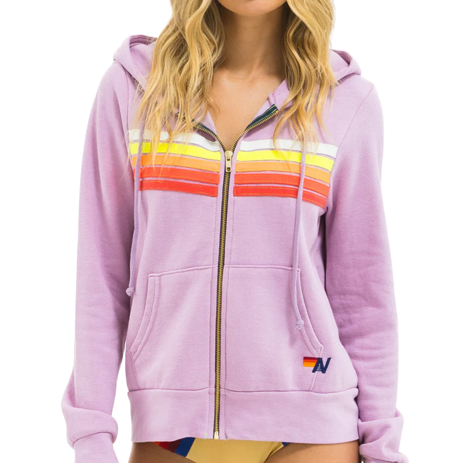 Aviator Nation Women 5 Stripe Zip Hoodie Mauve/White Neon Womens Casual Tops Aviator Nation Mauve Juniors/Women XS