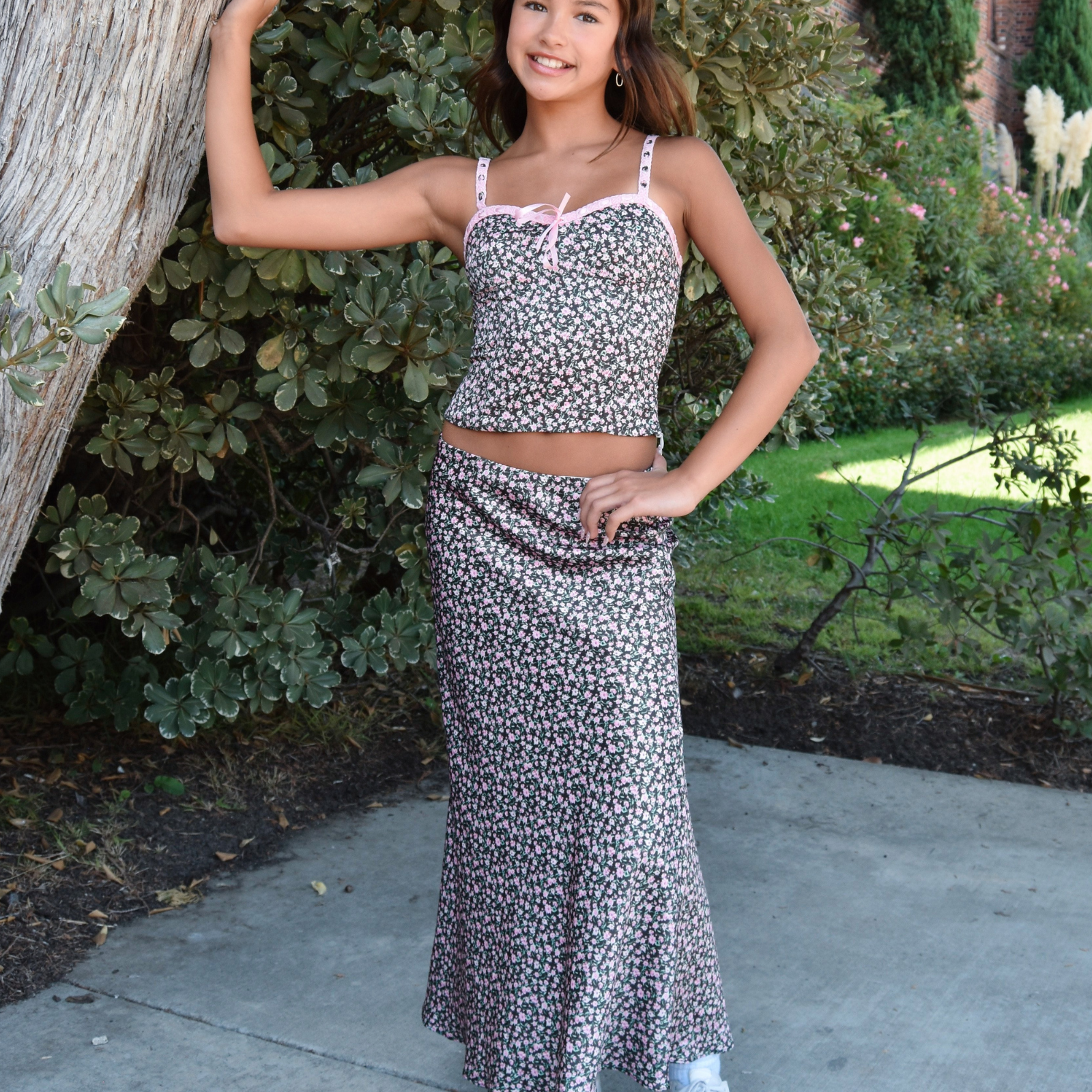 Katie J NYC Juniors Anastasia Satin Maxi Skirt Espresso Floral