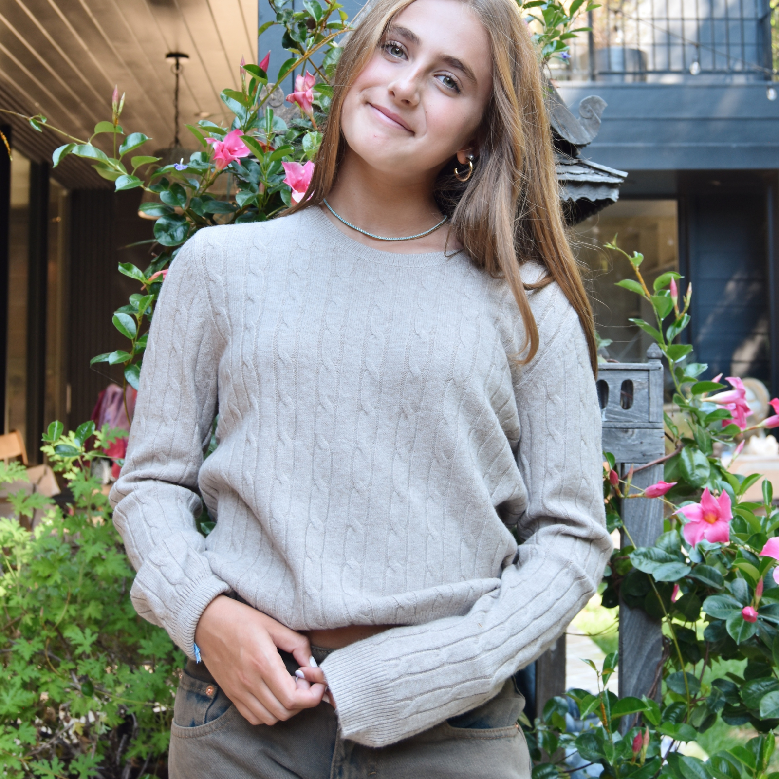 8apart Women Cleo Cable Crew Sweater Womens Casual Tops 8apart Taupe Juniors/Women S