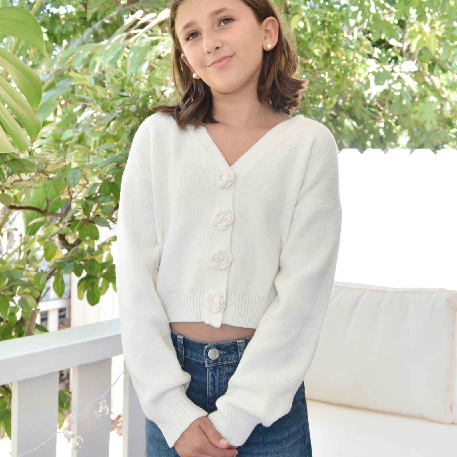 FBZ Girls Heather Pom Pom Cardigan Girls Casual Tops FBZ Flowers By Zoe Ivory Y/S (7/8)