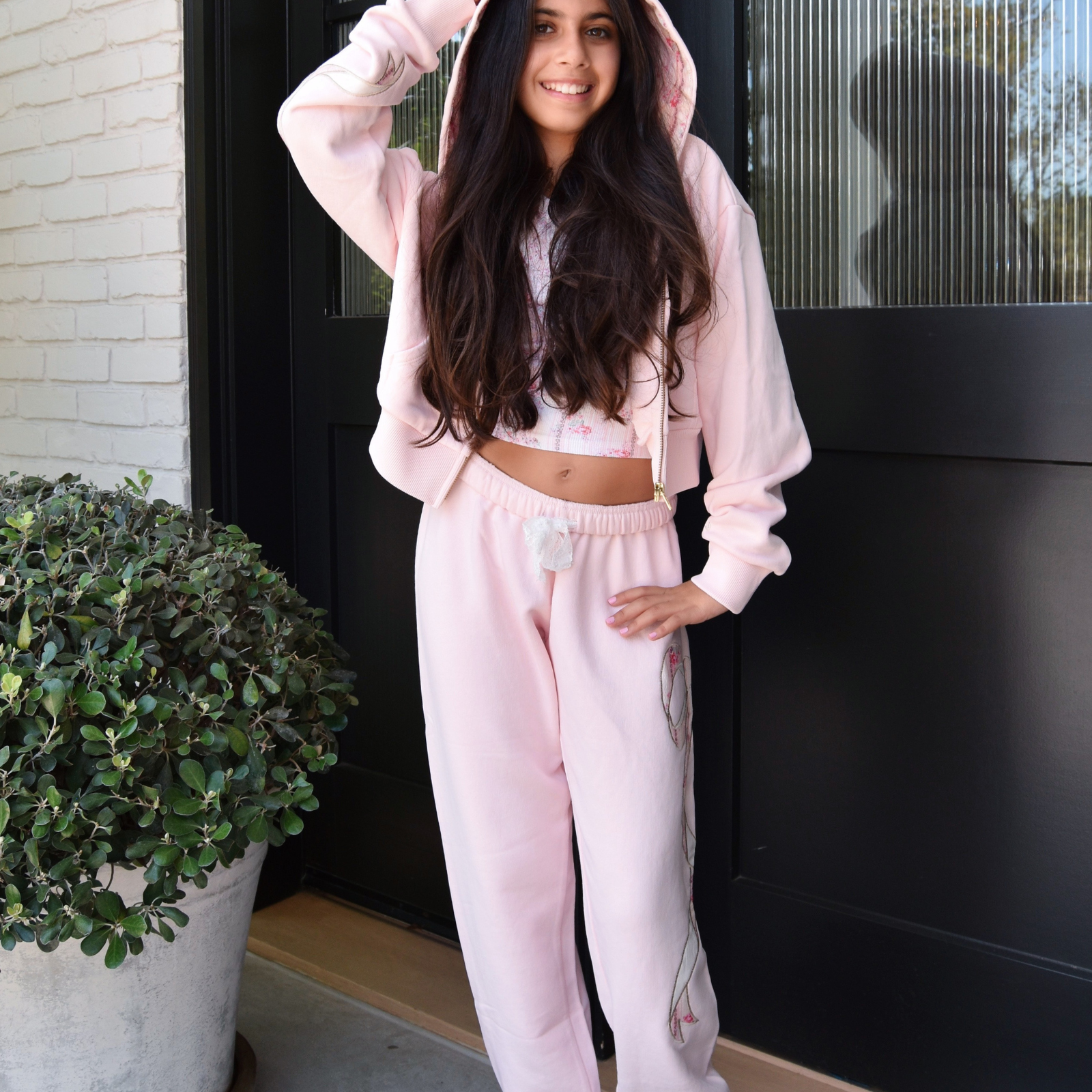 Katie J NYC Girls Dylan Bow Crop Zip Hoodie Pale Pink/Rose Floral Girls Casual Tops Katie J NYC Floral Y/S (7/8)