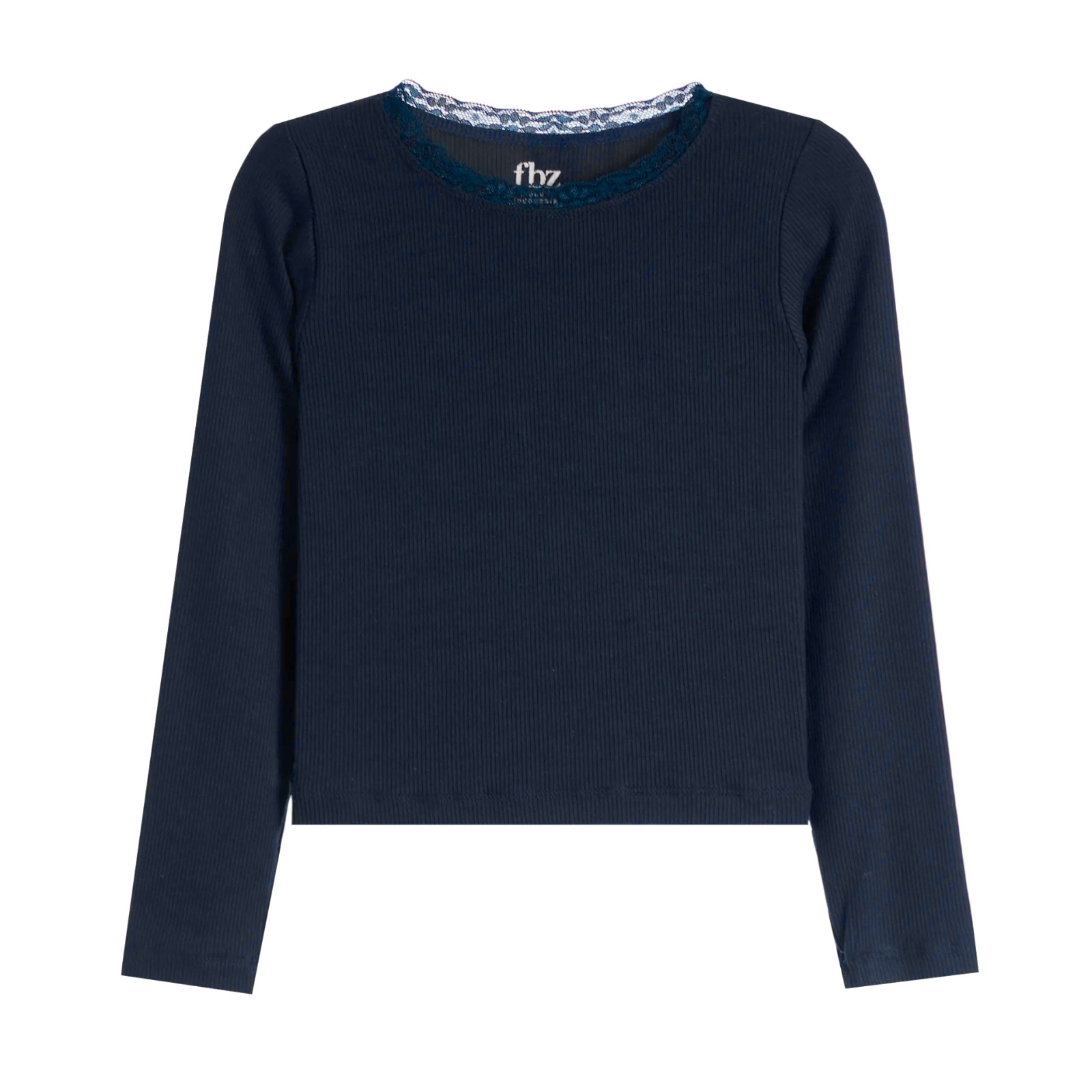 FBZ Girls Jeanie Long Sleeve Rib Tee With Lace Girls Casual Tops FBZ Flowers By Zoe Navy Y/S (7/8)