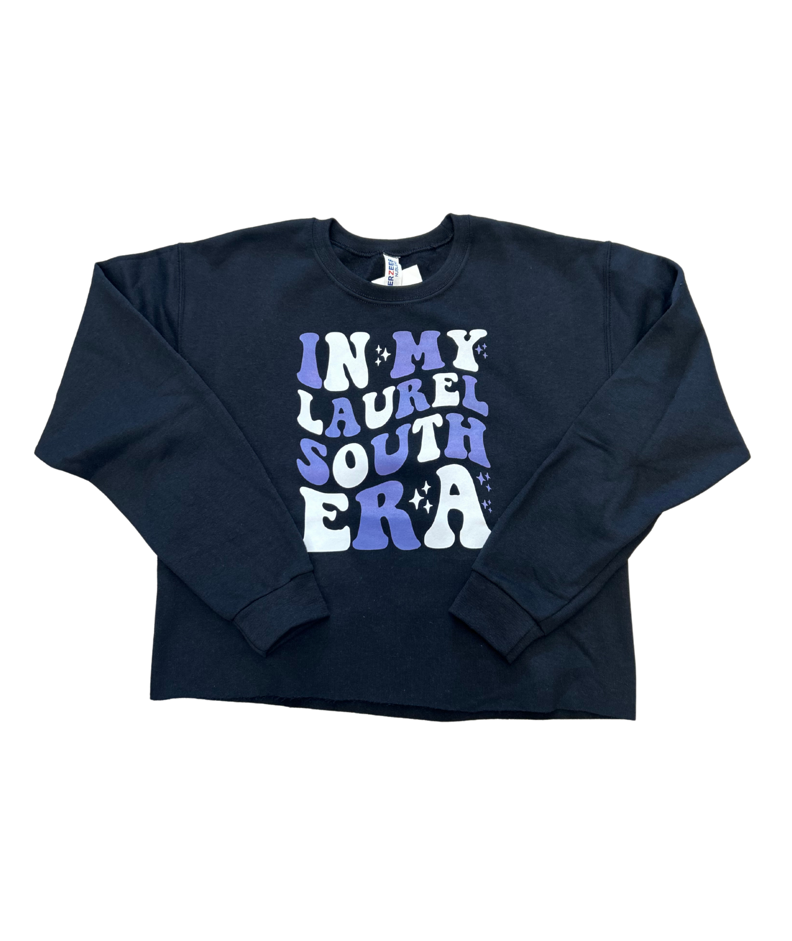 Juniors Laurel South Era Black Cropped Camp Sweatshirt Womens Casual Tops Frankie's Exclusives Black Y/S (6/8)