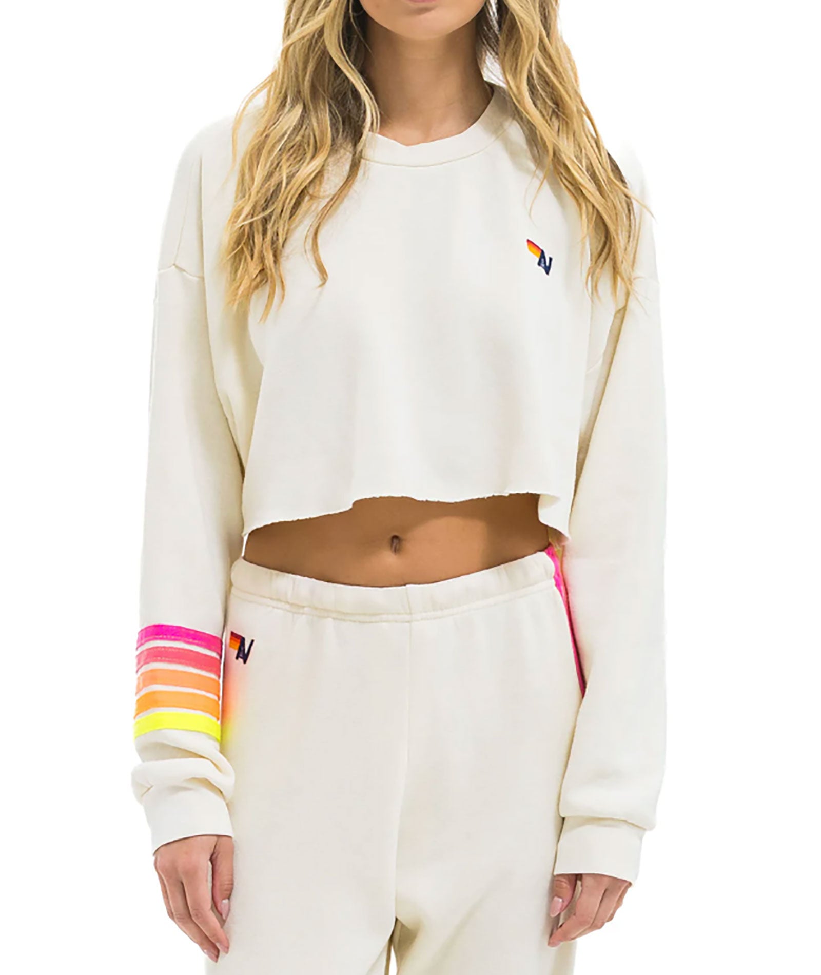 Aviator Nation Women Rugby Stitch Relaxed Crop Crew Vintage White/Neon Womens Casual Tops Aviator Nation Vintage White Juniors/Women XS