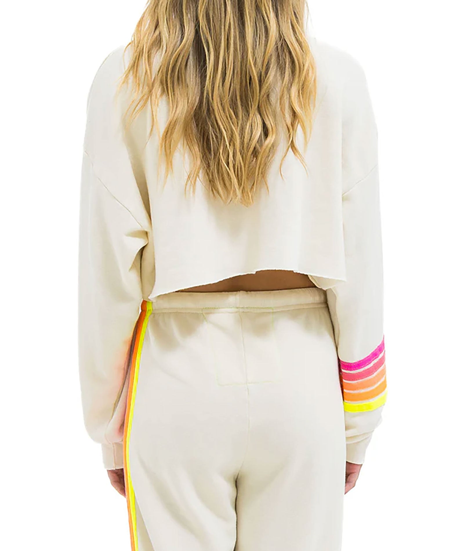 Aviator Nation Women Rugby Stitch Relaxed Crop Crew Vintage White/Neon Womens Casual Tops Aviator Nation