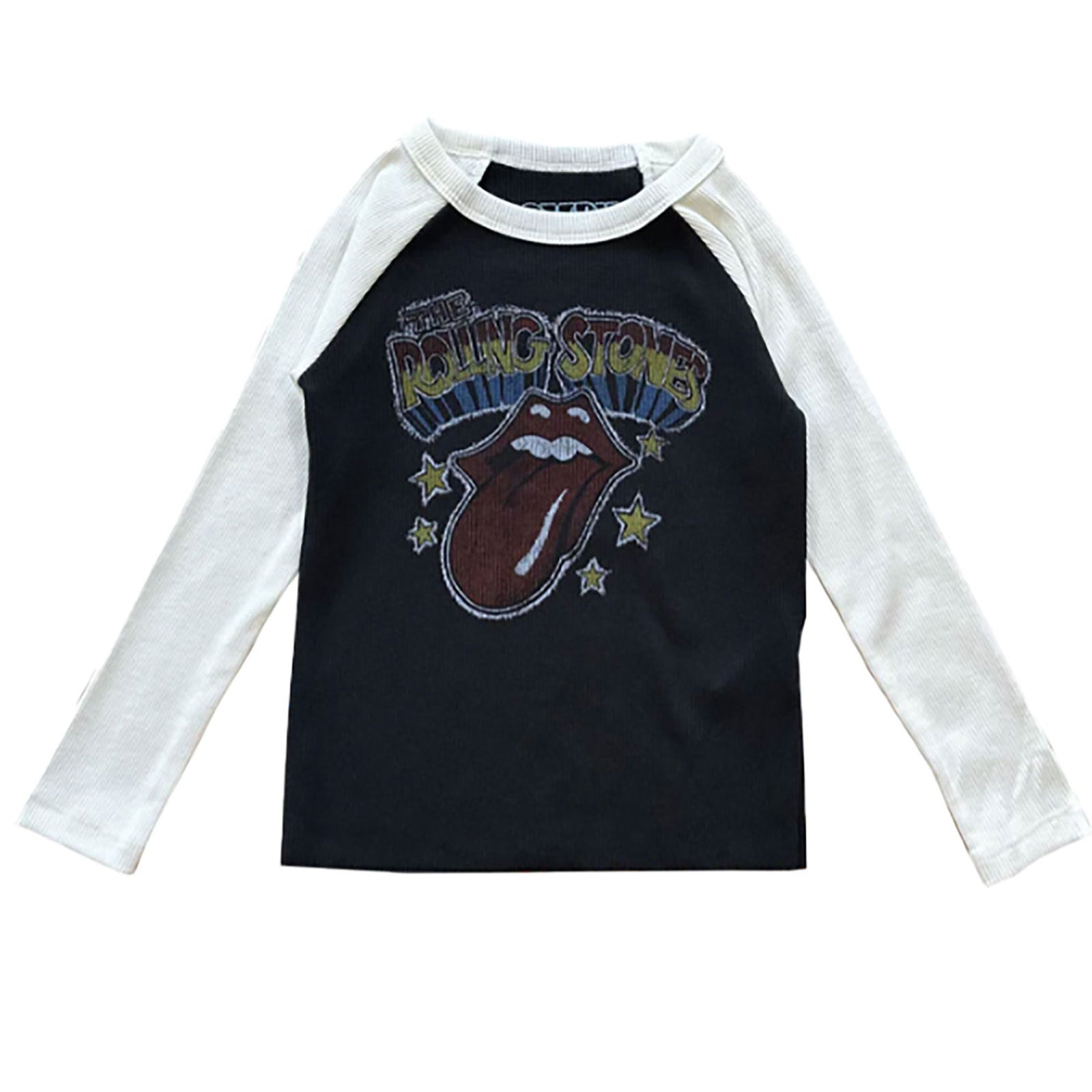 Rowdy Sprout Girls Rolling Stones Rib Long Sleeve Baseball Tee Girls Casual Tops Rowdy Sprout Black Y/XS (6X)