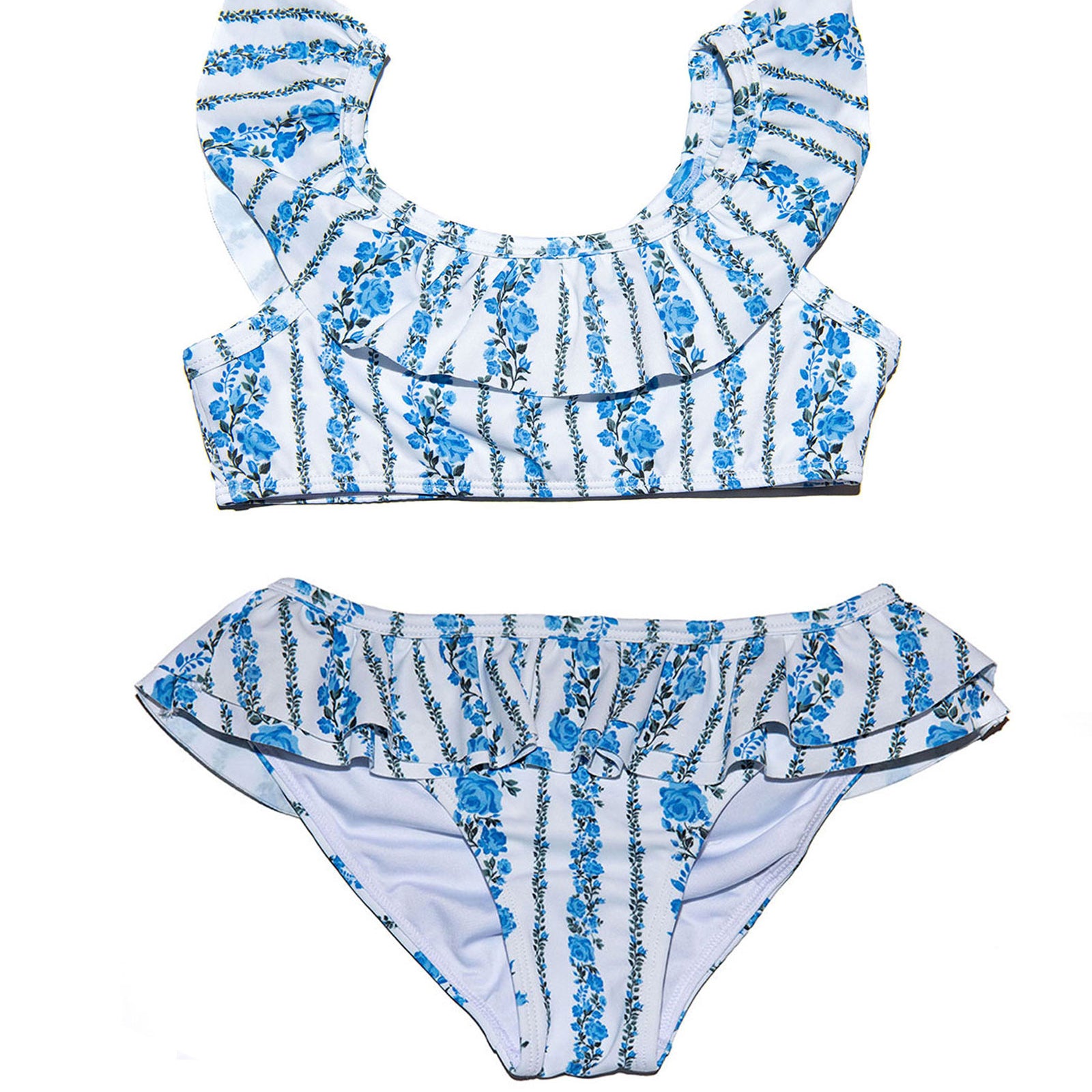 FBZ Girls Blue Stripe Floral Ruffle Bikini Accessories FBZ Flowers By Zoe Floral Y/6