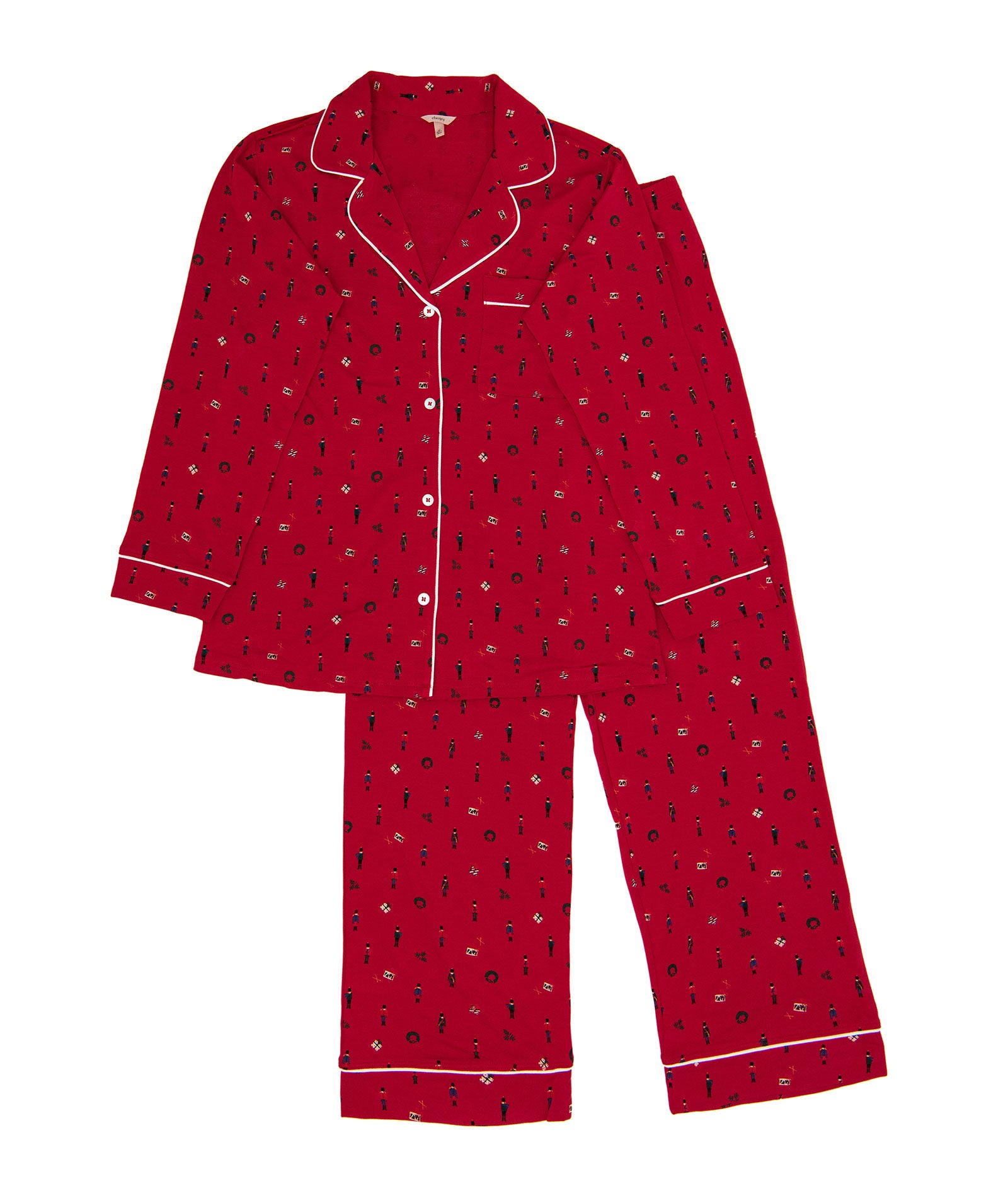 Eberjey Women Gisele Printed Long PJ Set Nutcracker Holly Red/Ivory With Ribbon Accessories Eberjey