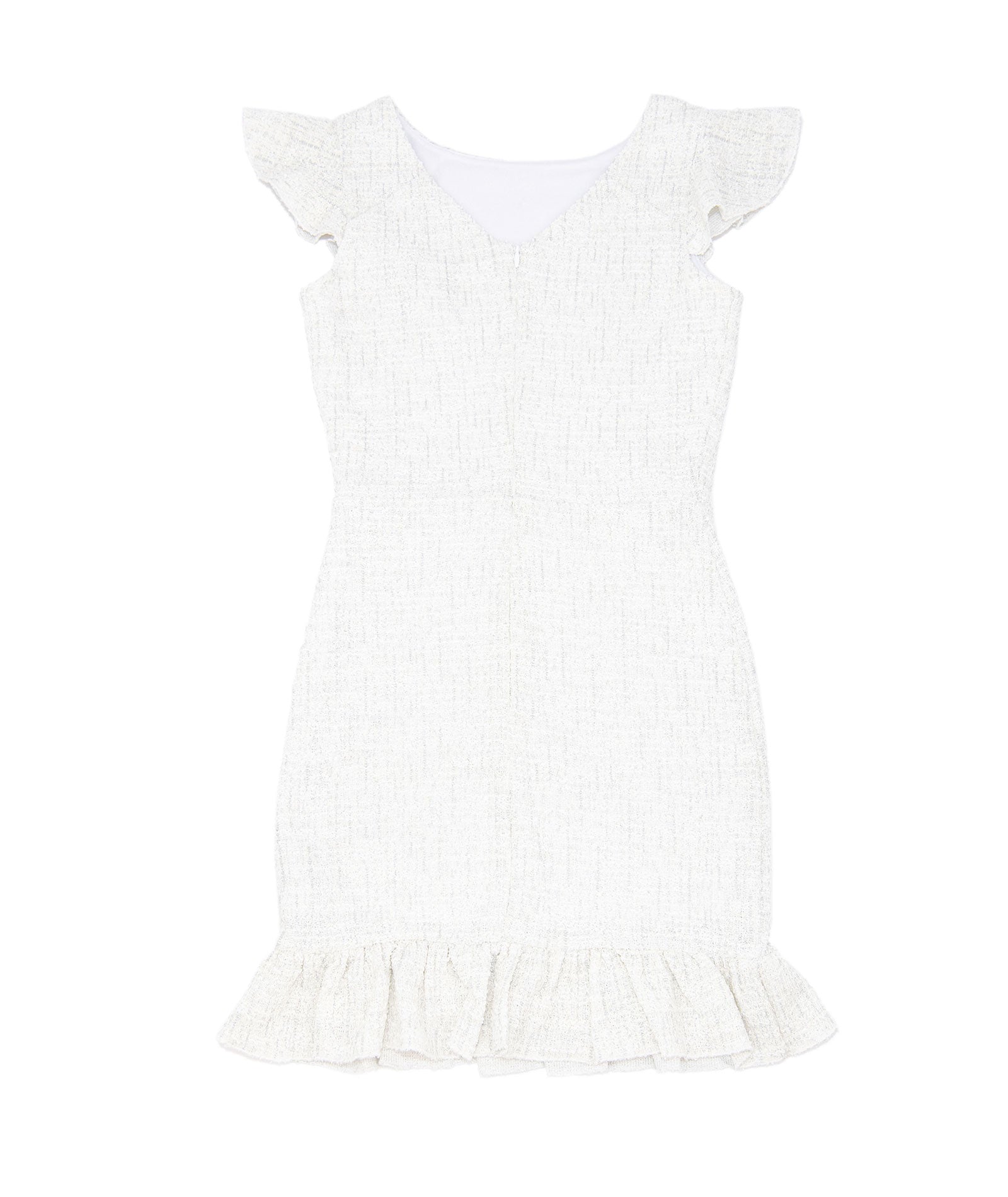 By Debra Girls Clare White/Silver Boucle Ruffle Bottom Sheath Dress Girls Special Dresses By Debra