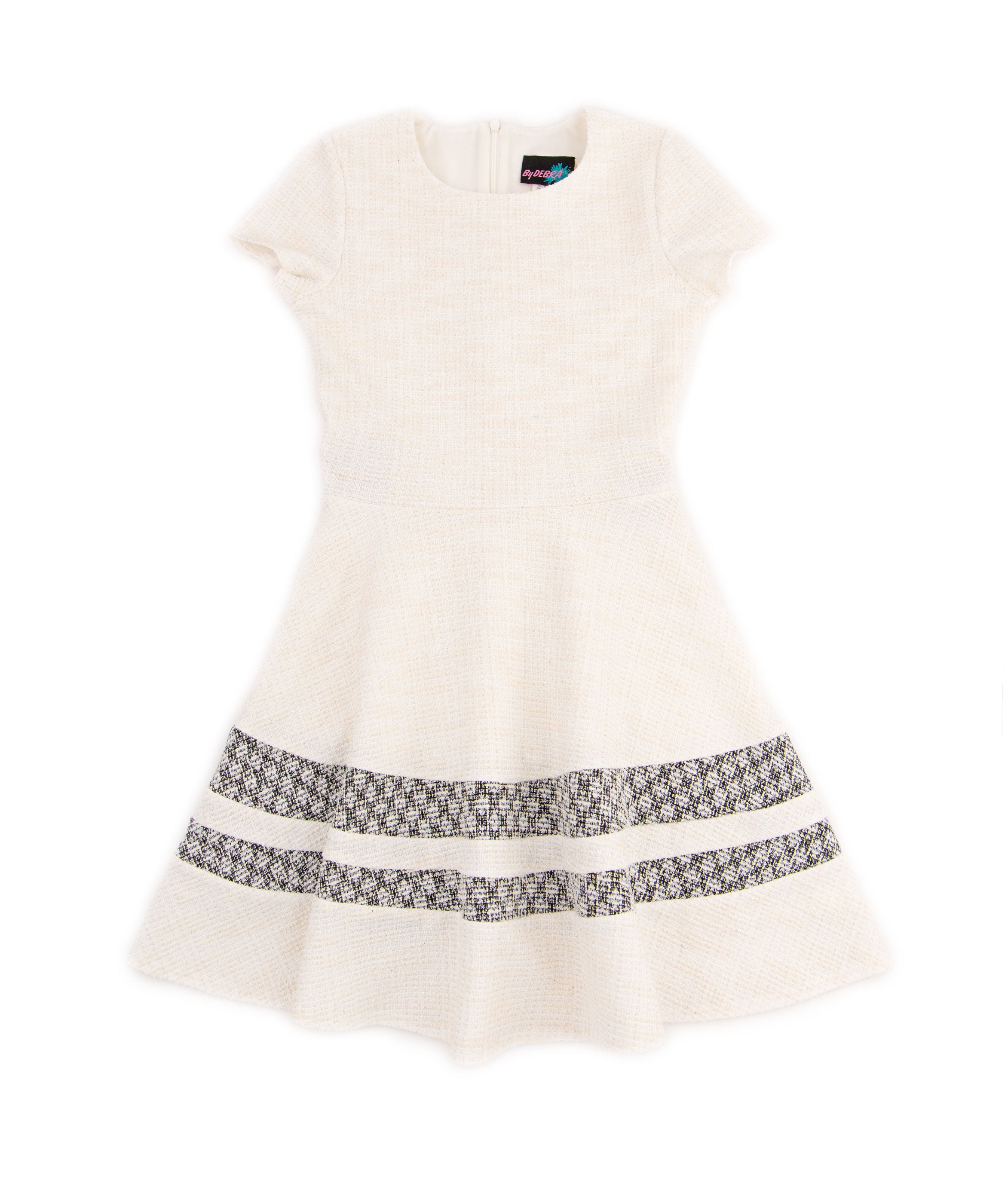By Debra Girls Lou Ivory Boucle Short Sleeve Striped Bottom Dress Girls Special Dresses By Debra Ivory Y/XS (6X)