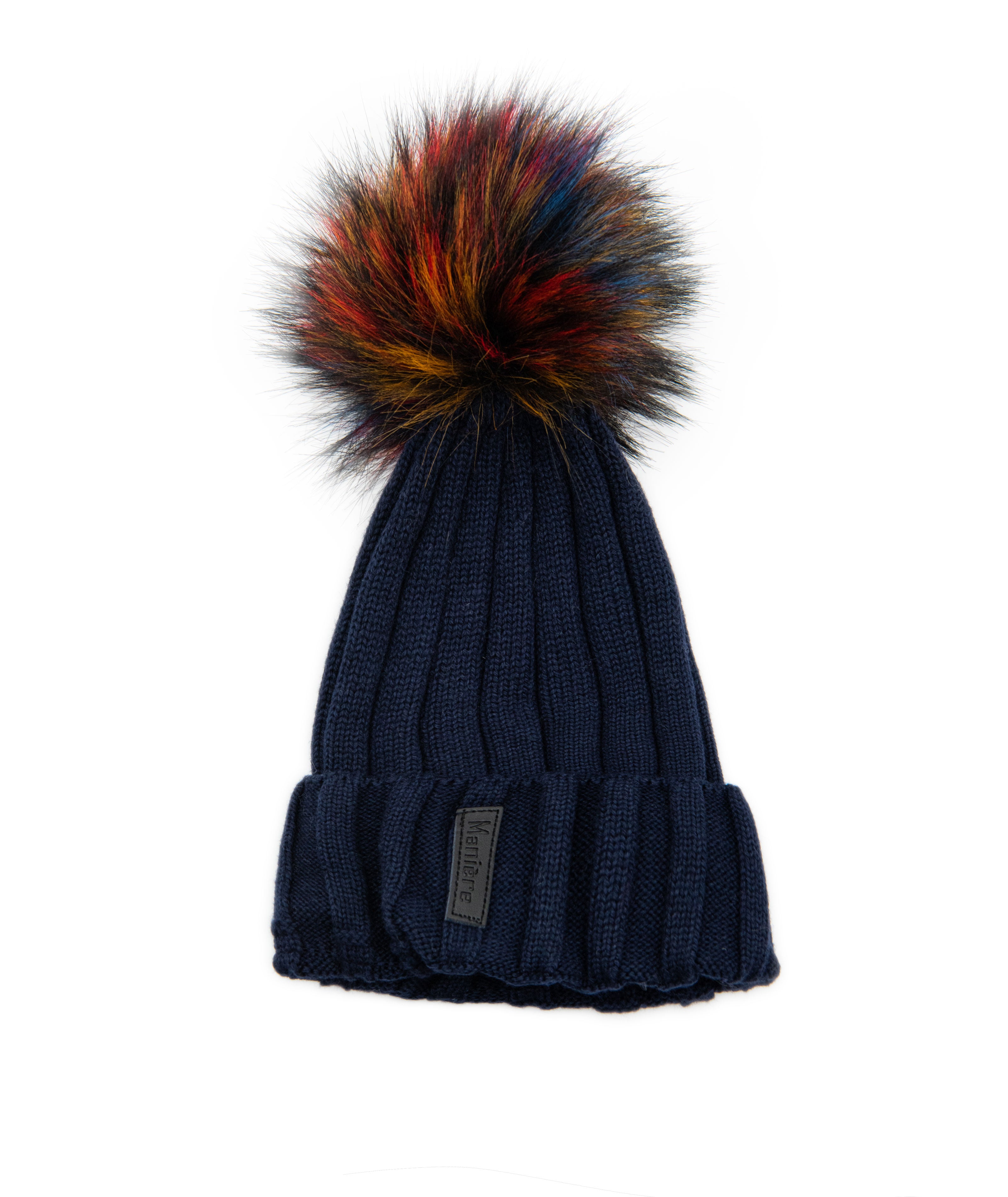 Maniere Navy Ribbed Merino Wool Hat With Multi Pom Distressed/seasonal accessories Maniere