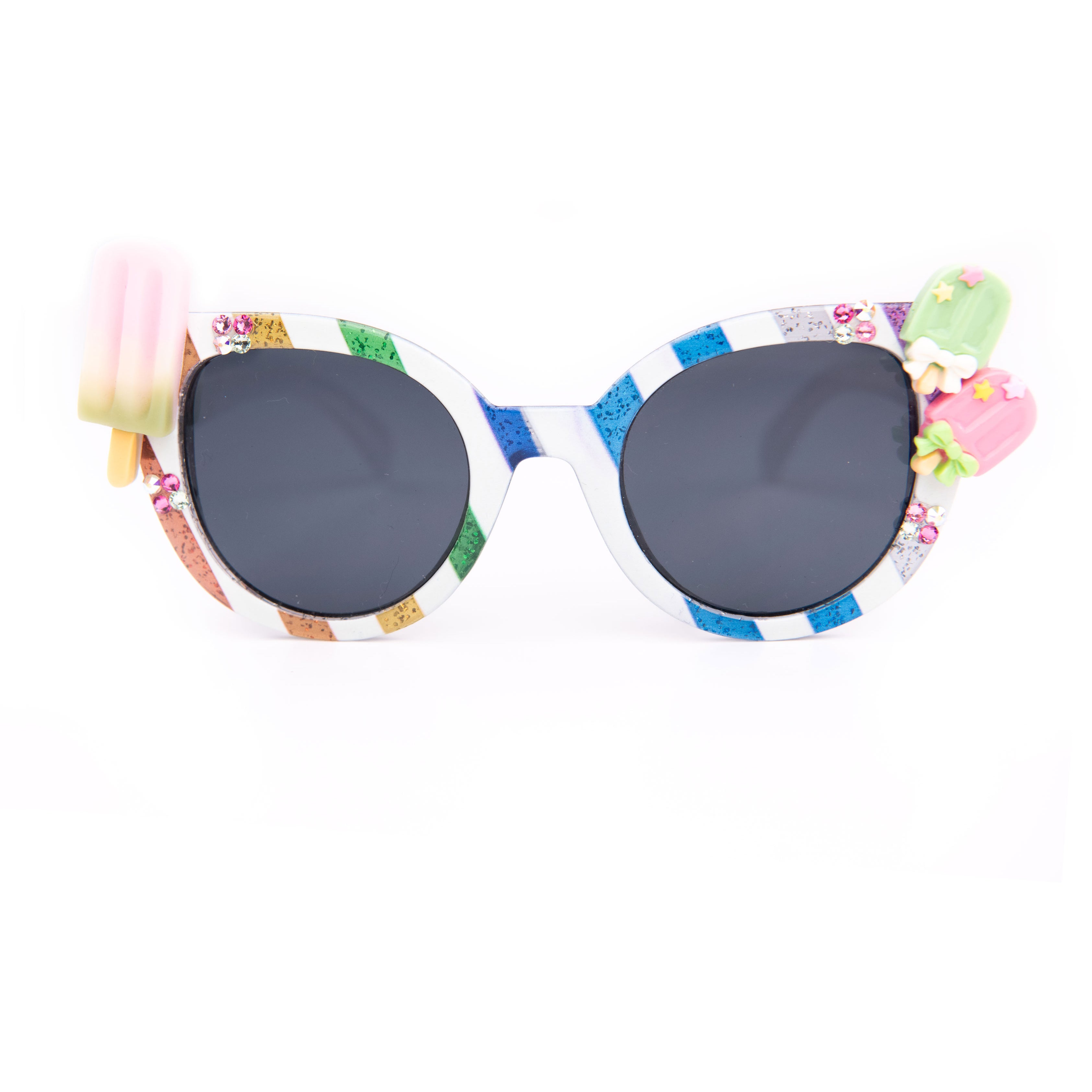 Bari Lynn Striped Sunnies With Stones and Charms Accessories Bari Lynn White One Size Fits Most (Y/7-Y/14)