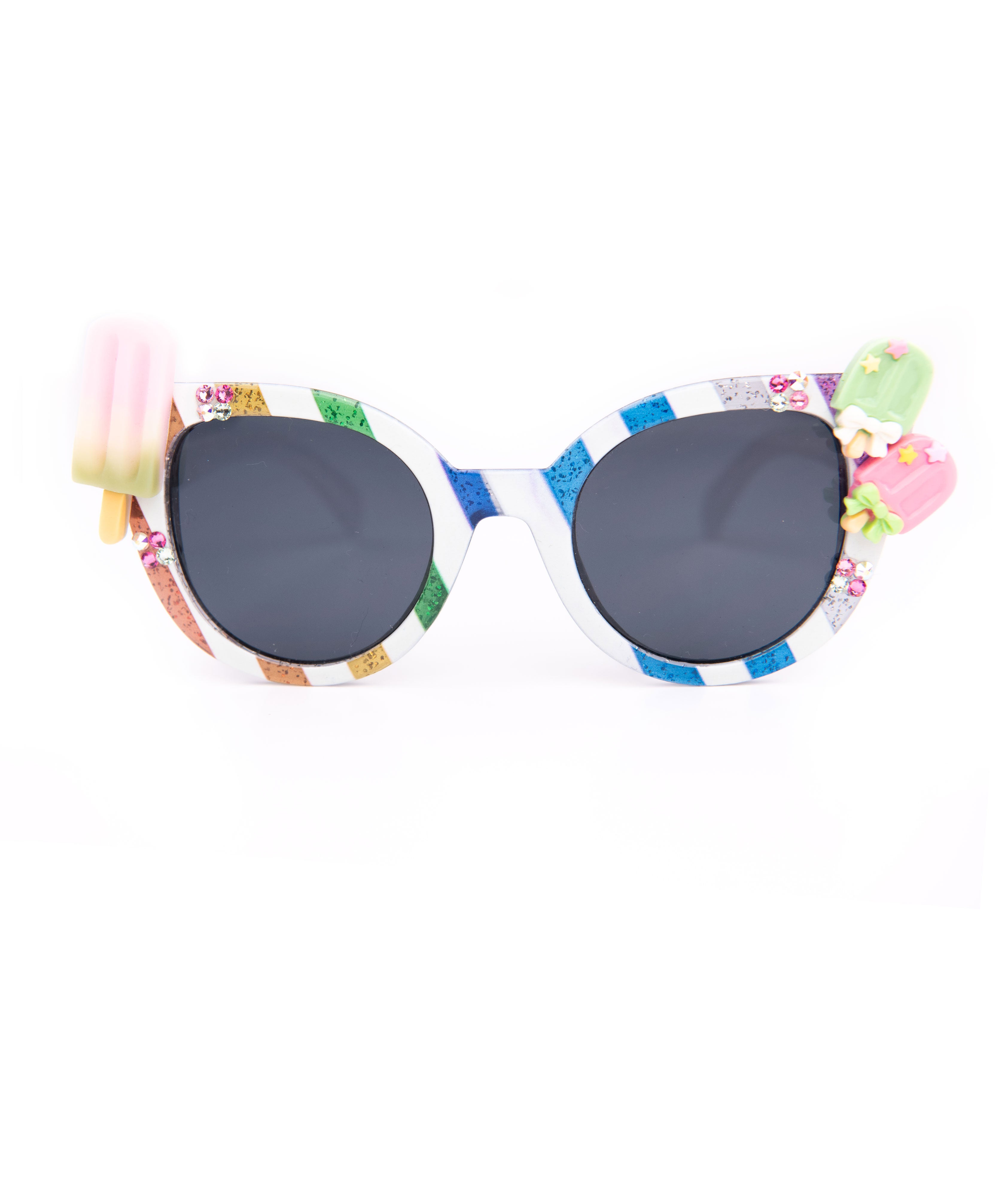 Bari Lynn Striped Sunnies With Stones and Charms Accessories Bari Lynn White One Size Fits Most (Y/7-Y/14)