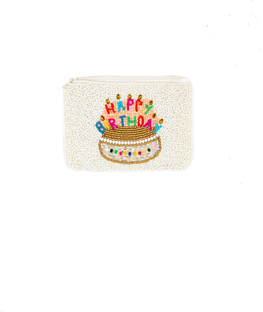 Happy Birthday Beaded Pouch Accessories Frankie's Exclusives White  