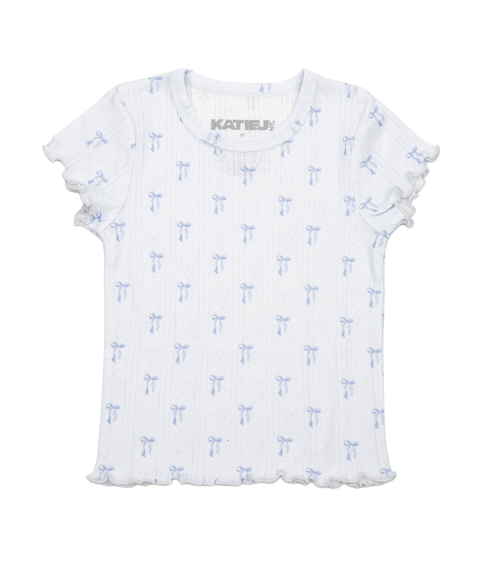 Katie J NYC Girls Marina Pointelle Tee Blue Bows Girls Casual Tops Katie J NYC Blue Y/S (7/8)