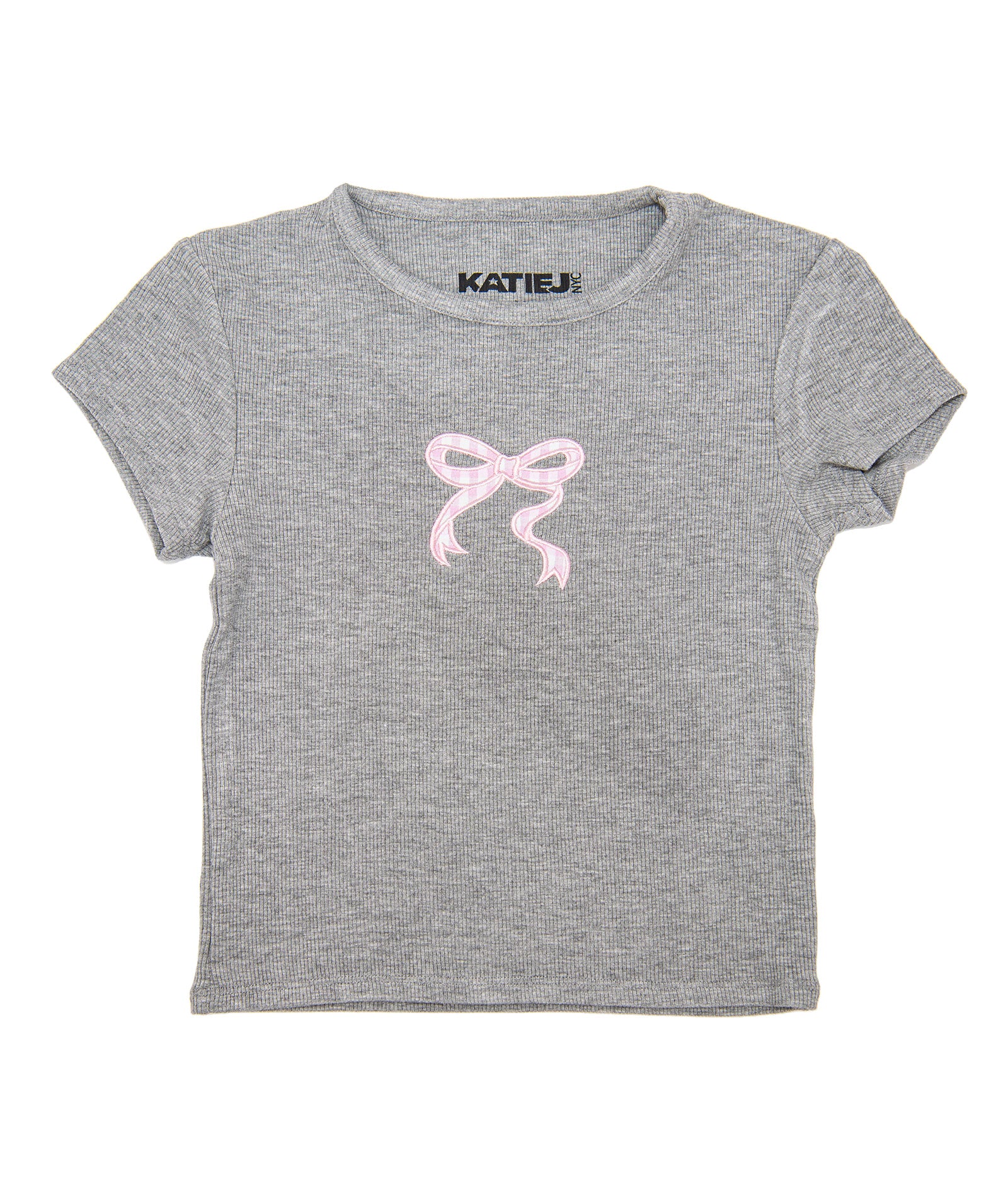 Katie J NYC Girls Gingham Bow Tee Girls Casual Tops Katie J NYC Heather Grey Y/S (7/8)