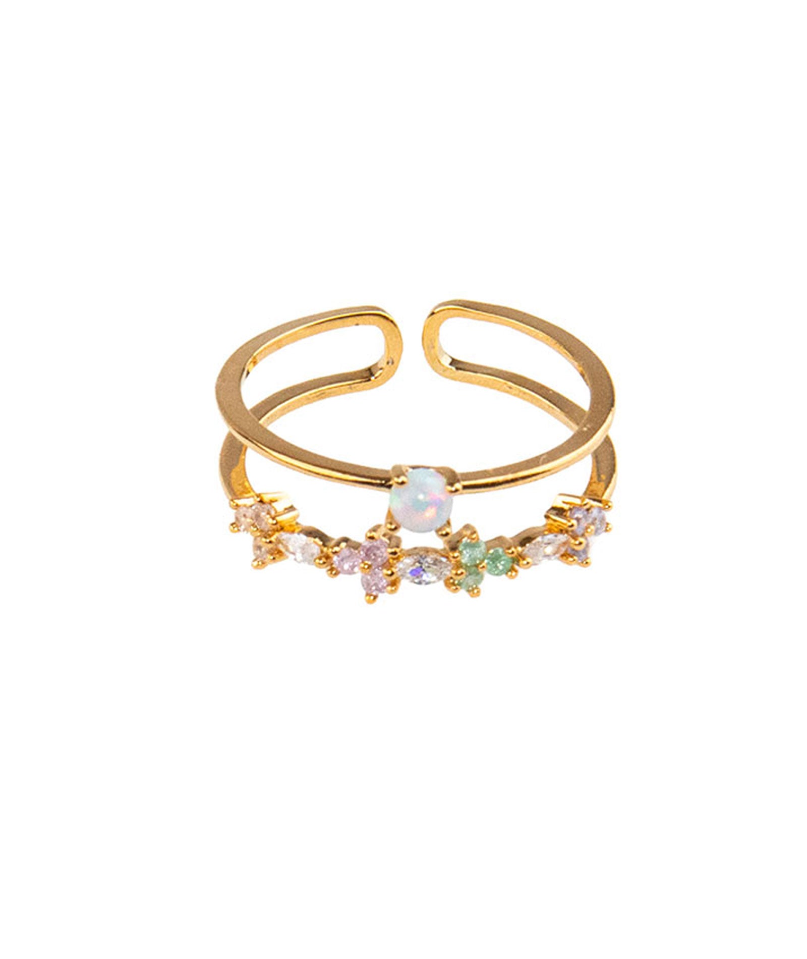TAI Pastel Multi Flower and Pearl Adjustable Double Ring Jewelry - Trend TAI Gold