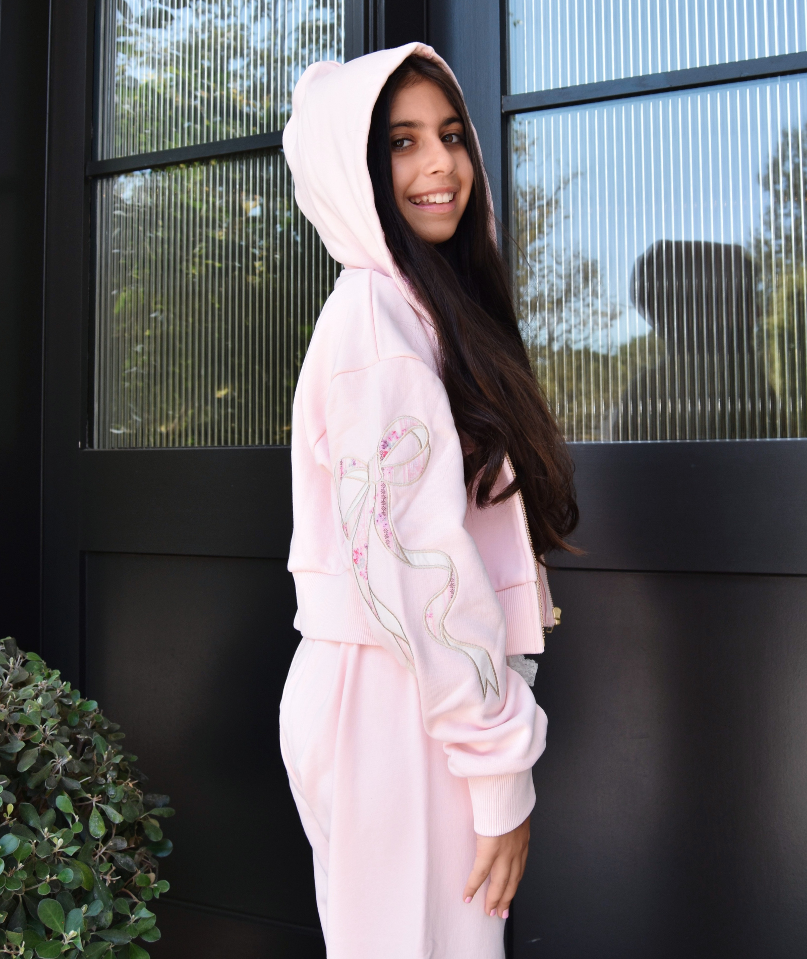 Katie J NYC Girls Dylan Bow Crop Zip Hoodie Pale Pink/Rose Floral Girls Casual Tops Katie J NYC