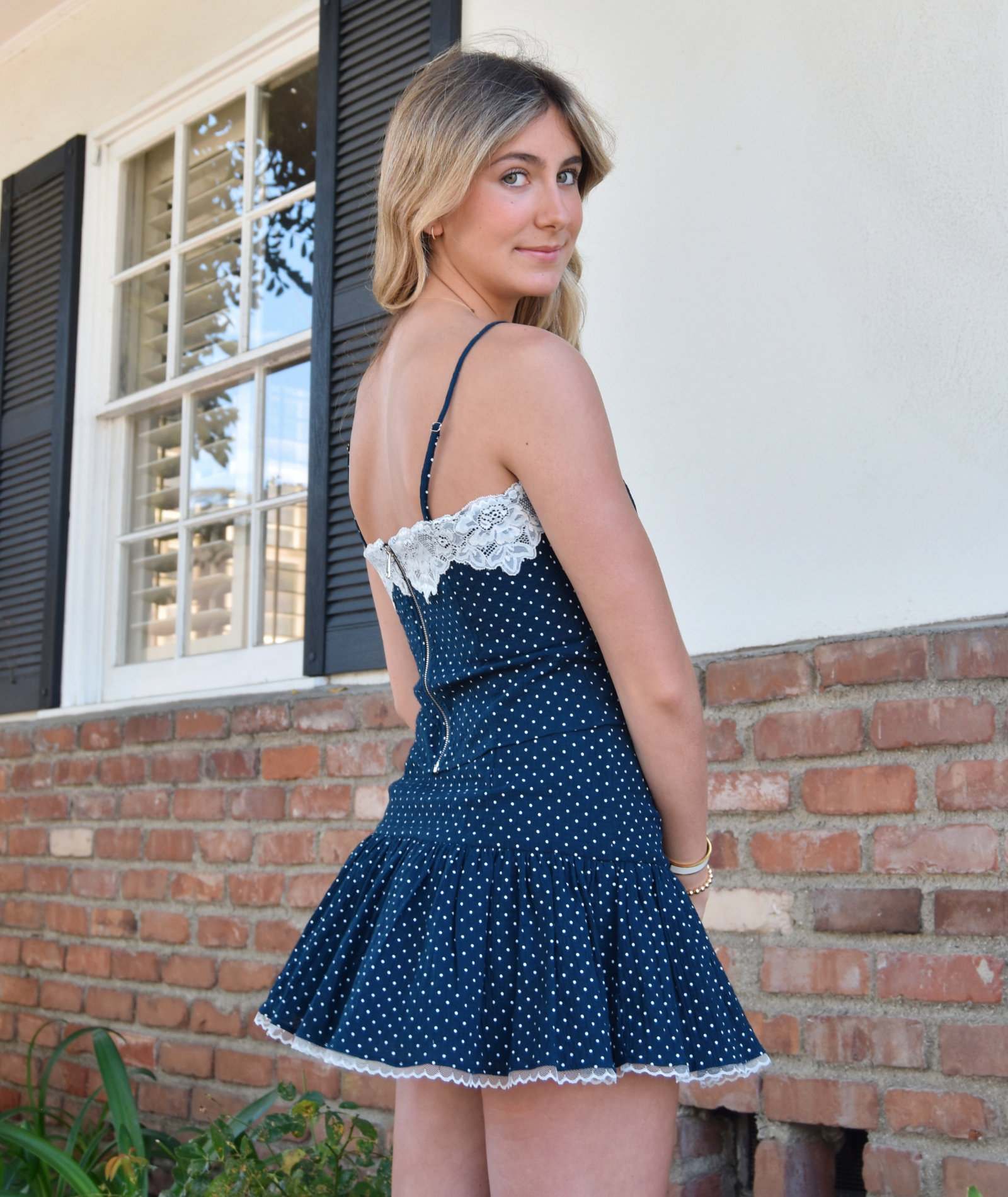 Katie J NYC Juniors Clarke Polka Dot Corset Top Navy / Juniors/Women M