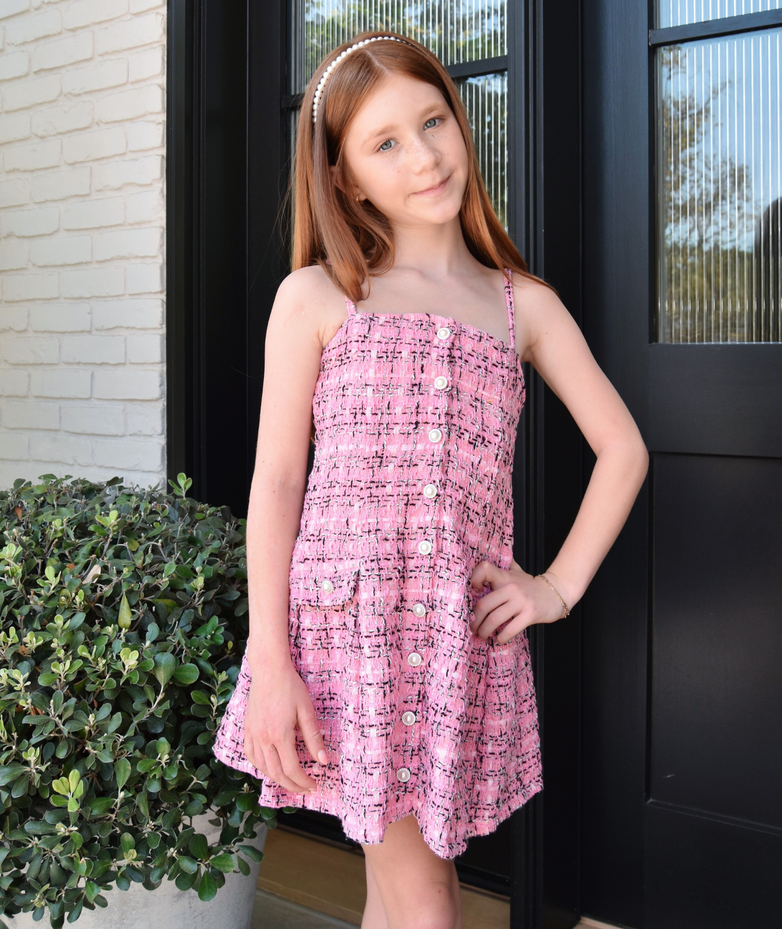 FBZ Girls Reggie Pink/Black Pearl Buttons Tweed Dress