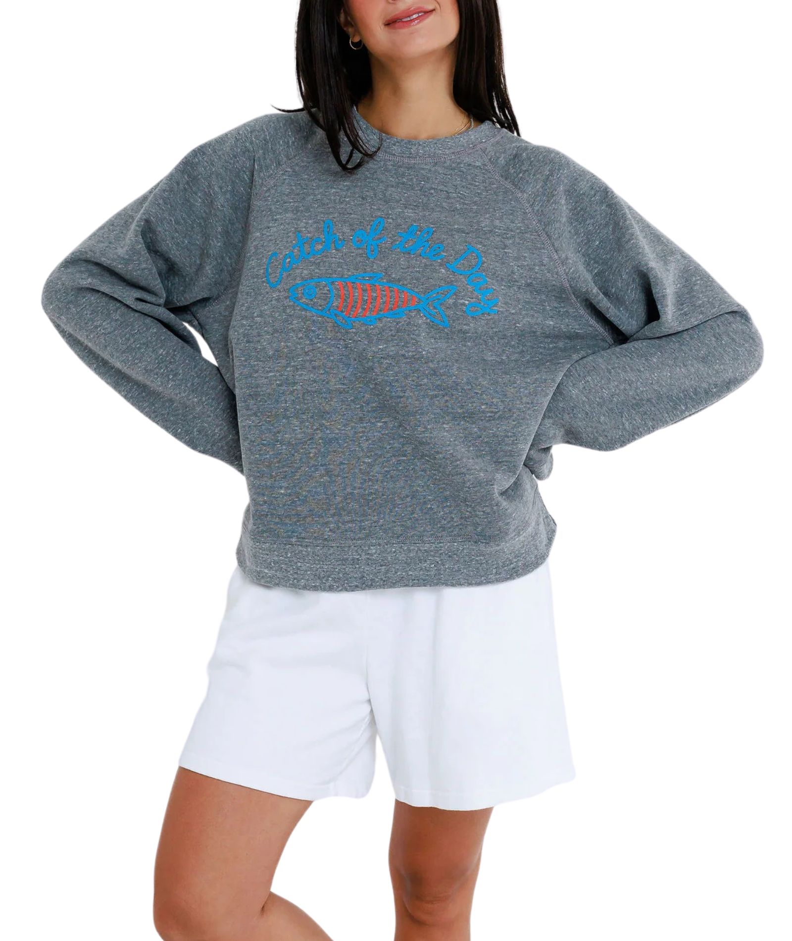 Sunny Somewhere Women Catch of the Day Crew Sweatshirt Womens Casual Tops Sunny Somewhere Heather Grey Juniors/Women XS