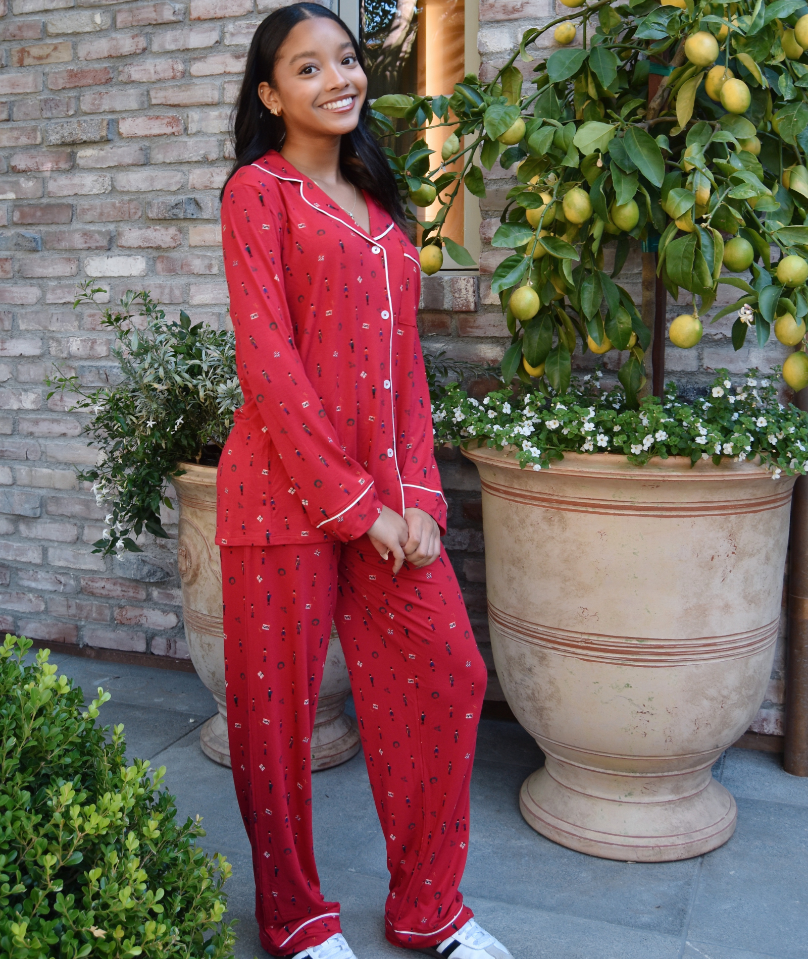 Eberjey Women Gisele Printed Long PJ Set Nutcracker Holly Red/Ivory With Ribbon Accessories Eberjey Red Juniors/Women XXS