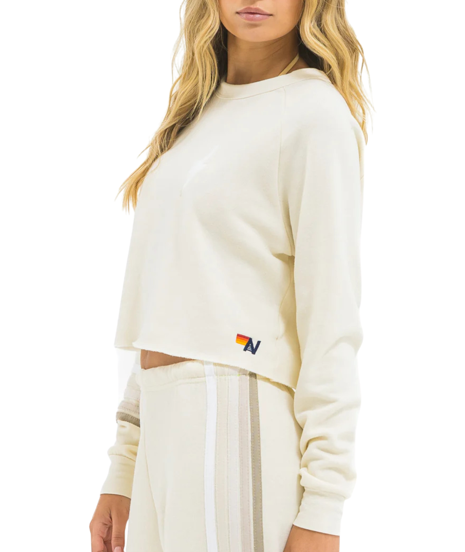 Aviator Nation Women Bolt Rugby Stitch Crop Crew Sweatshirt Vintage White/White Grey Womens Casual Tops Aviator Nation