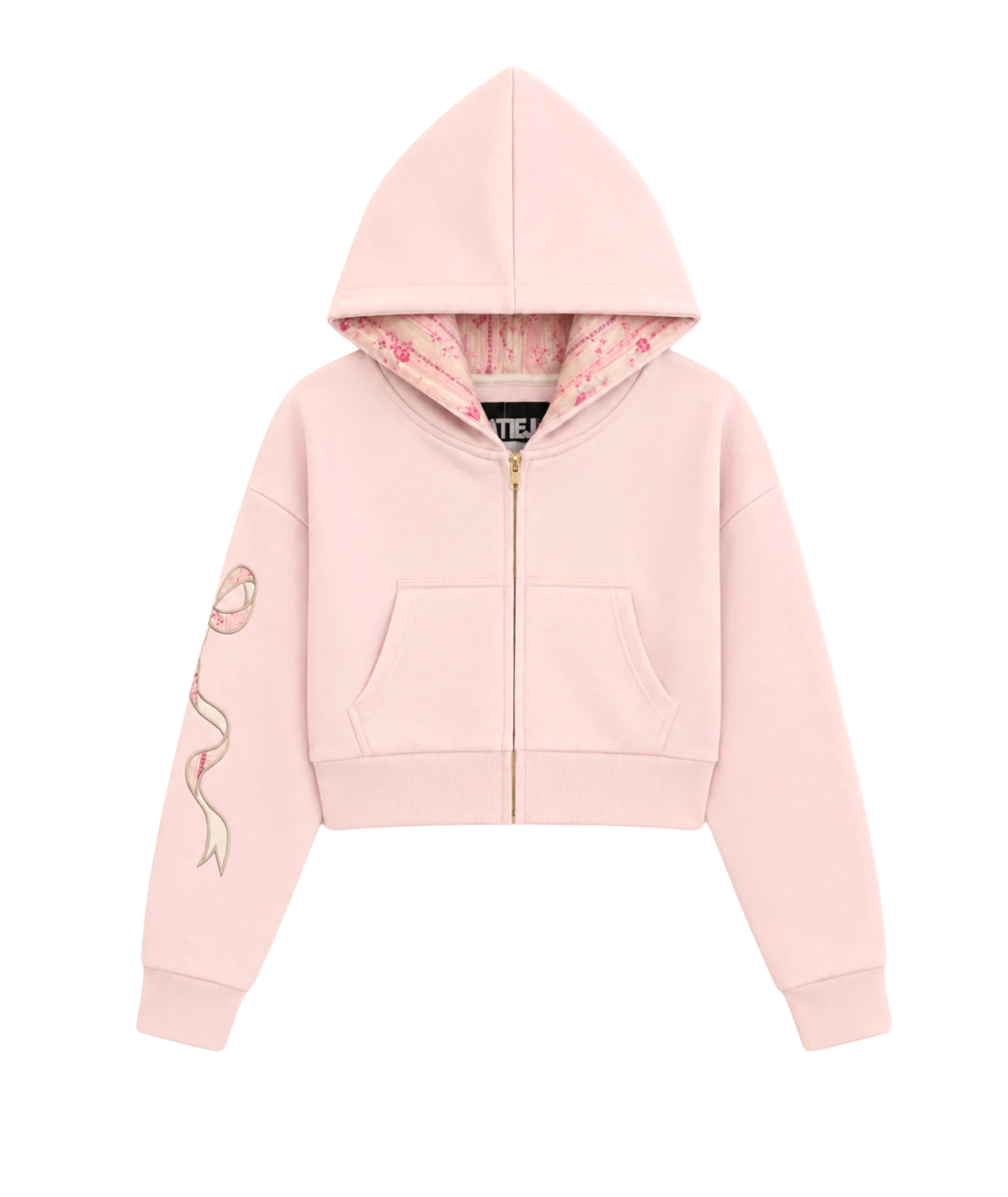 Katie J NYC Girls Dylan Bow Crop Zip Hoodie Pale Pink/Rose Floral