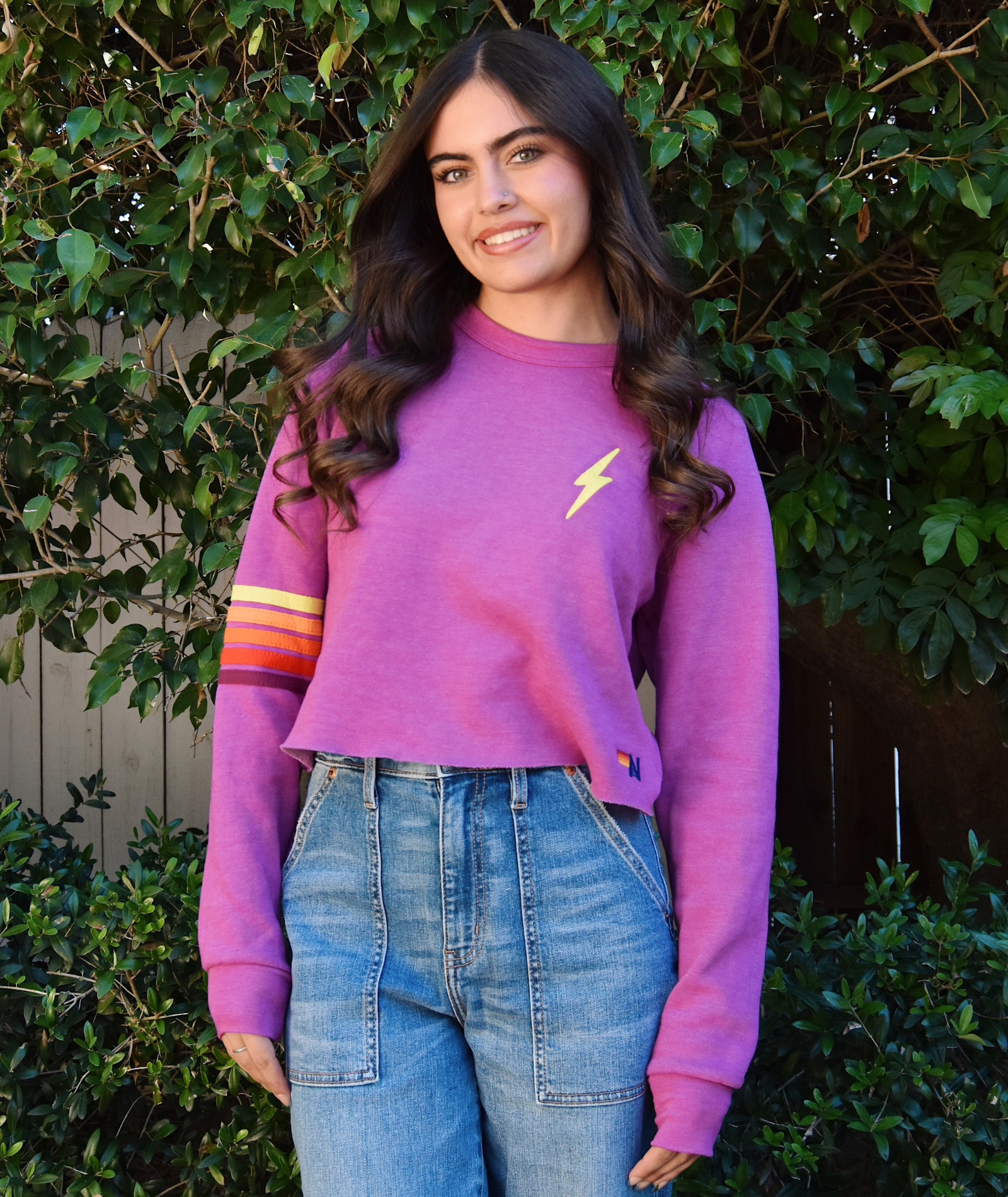 Aviator Nation Women Bolt Rugby Stitch Crop Crew Magenta/Orange Yellow Womens Casual Tops Aviator Nation