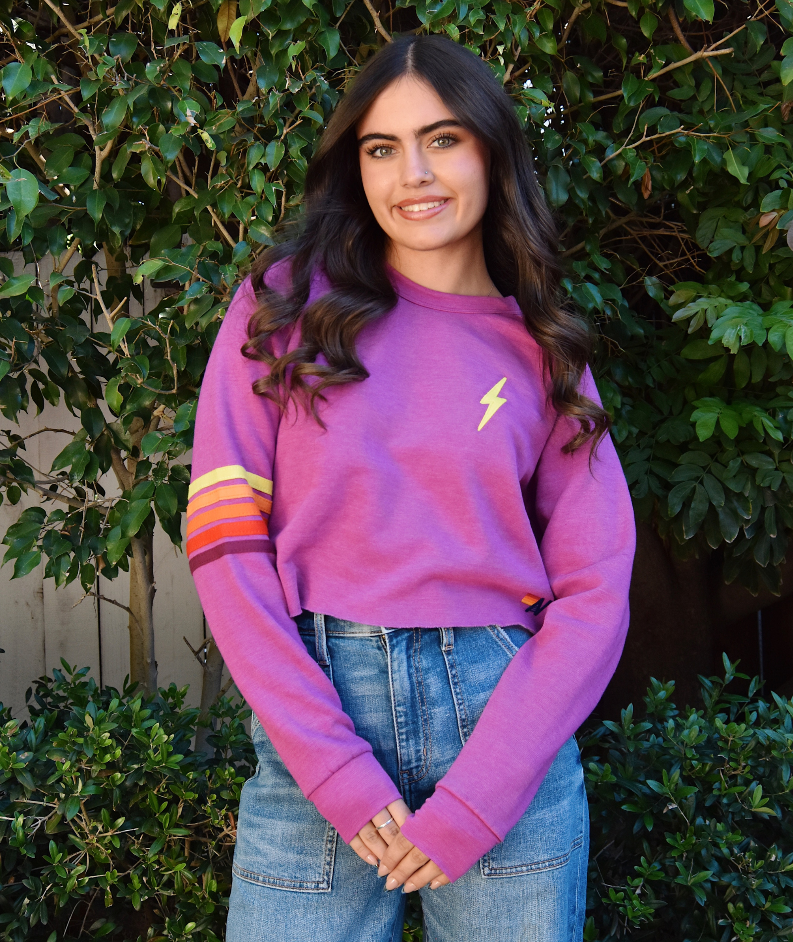 Aviator Nation Women Bolt Rugby Stitch Crop Crew Magenta/Orange Yellow Womens Casual Tops Aviator Nation