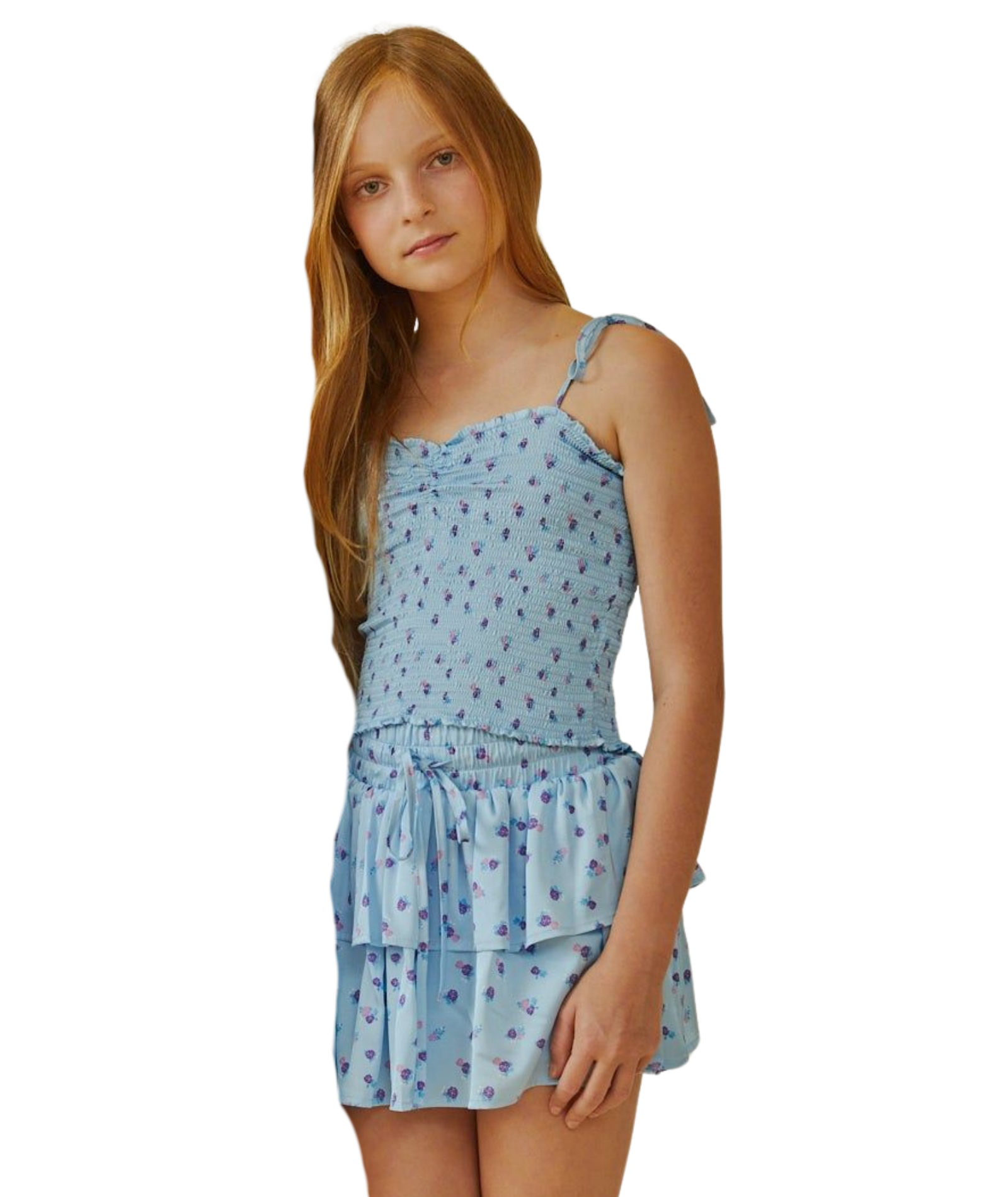 Theme Girls Georgia Pastel Blue Ditsy Satin Smock Top Girls Casual Tops Theme-NYC Floral Y/S (7/8)
