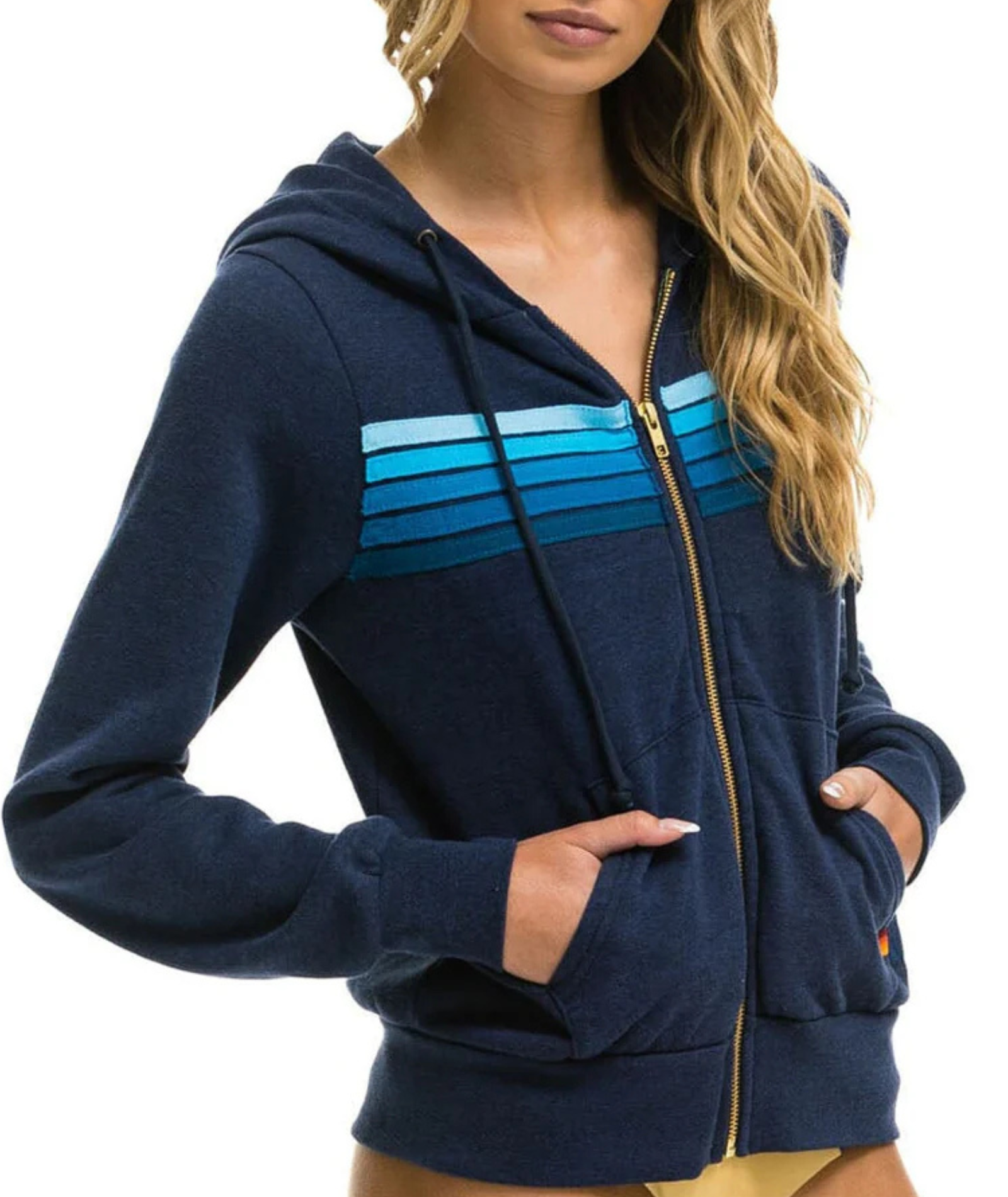 Aviator Nation Women 5 Stripe Zip Hoodie Navy/Blue Womens Casual Tops Aviator Nation Navy Juniors/Women XS