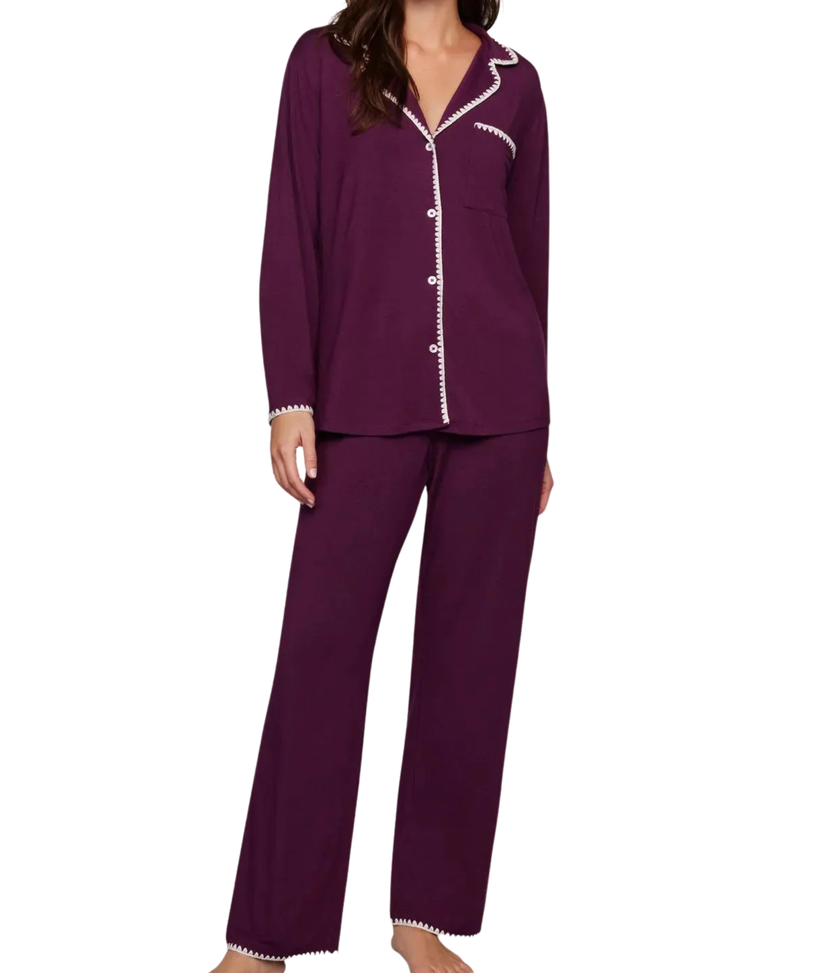 Eberjey Women Frida Long PJ Set Plum/Ivory Purple Accessories Eberjey Purple Juniors/Women XS