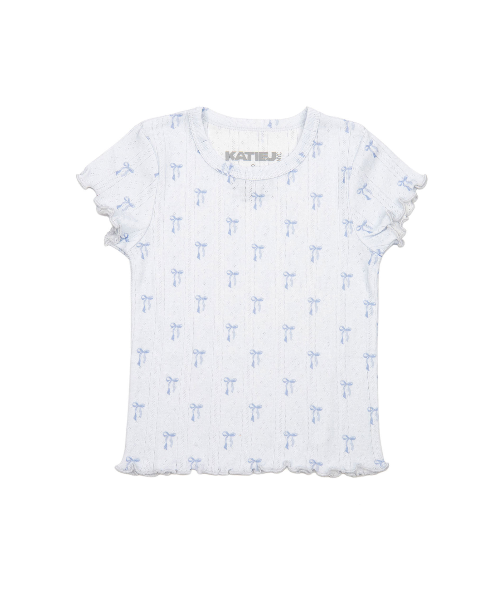 Katie J NYC Girls Marina Pointelle Tee Blue Bows Girls Casual Tops Katie J NYC Blue Y/S (7/8)